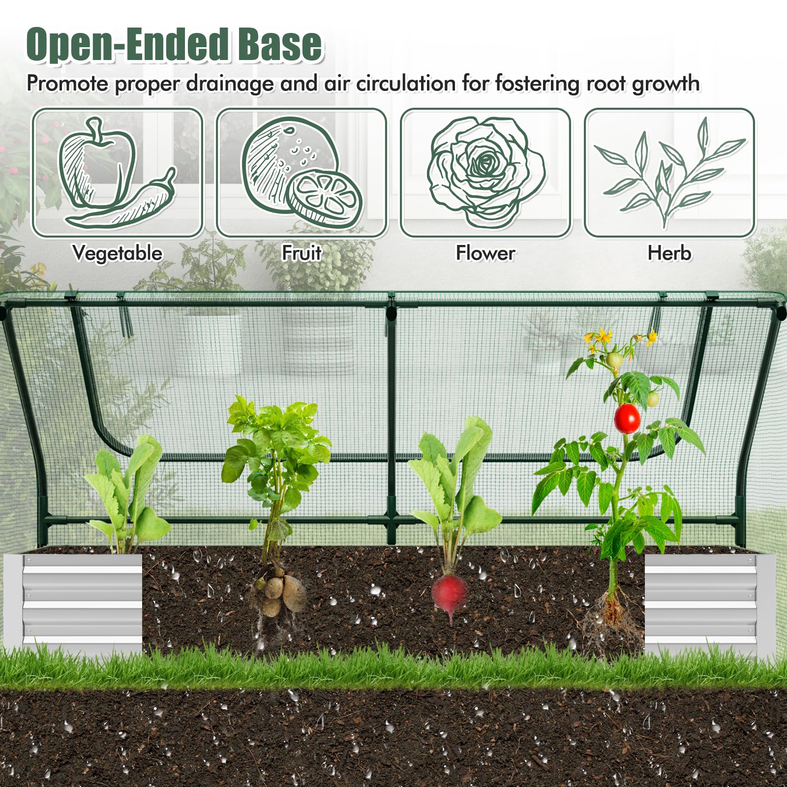 Giantex Galvanized Steel Raised Garden Bed with Mini Greenhouse, Outdoor Metal Planter Box Kit with Large Roll-up Cover 