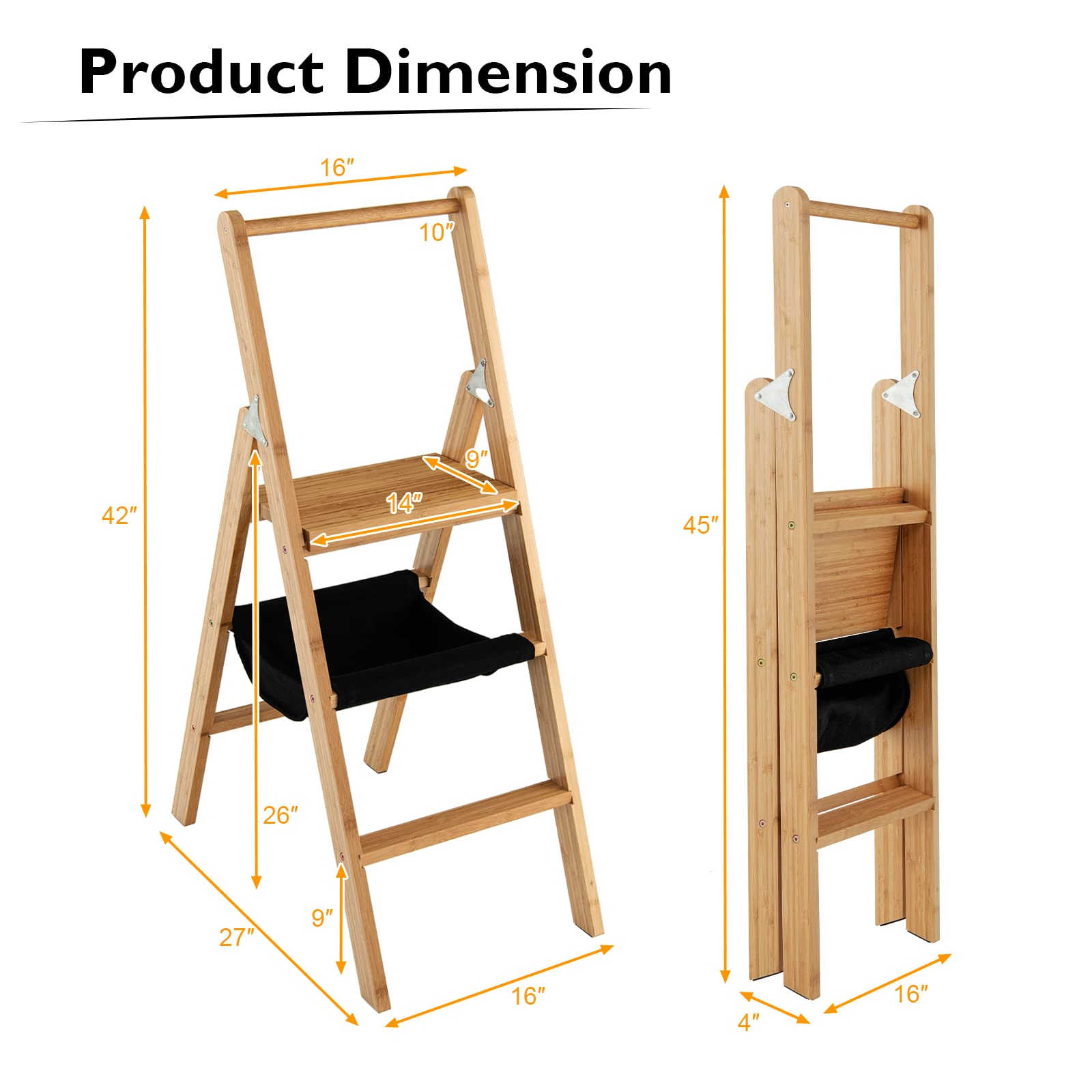 100% Bamboo Folding Step Stool with Handrail | 3 Step Ladder 