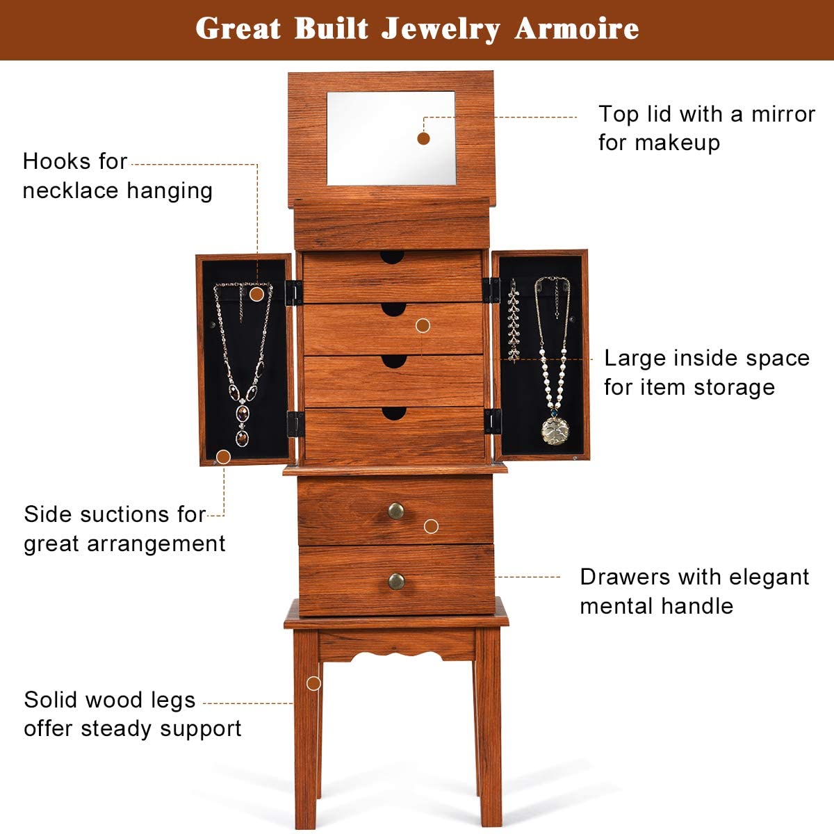 Large Top Storage Compartments Jewelry Cabinet (Honey)