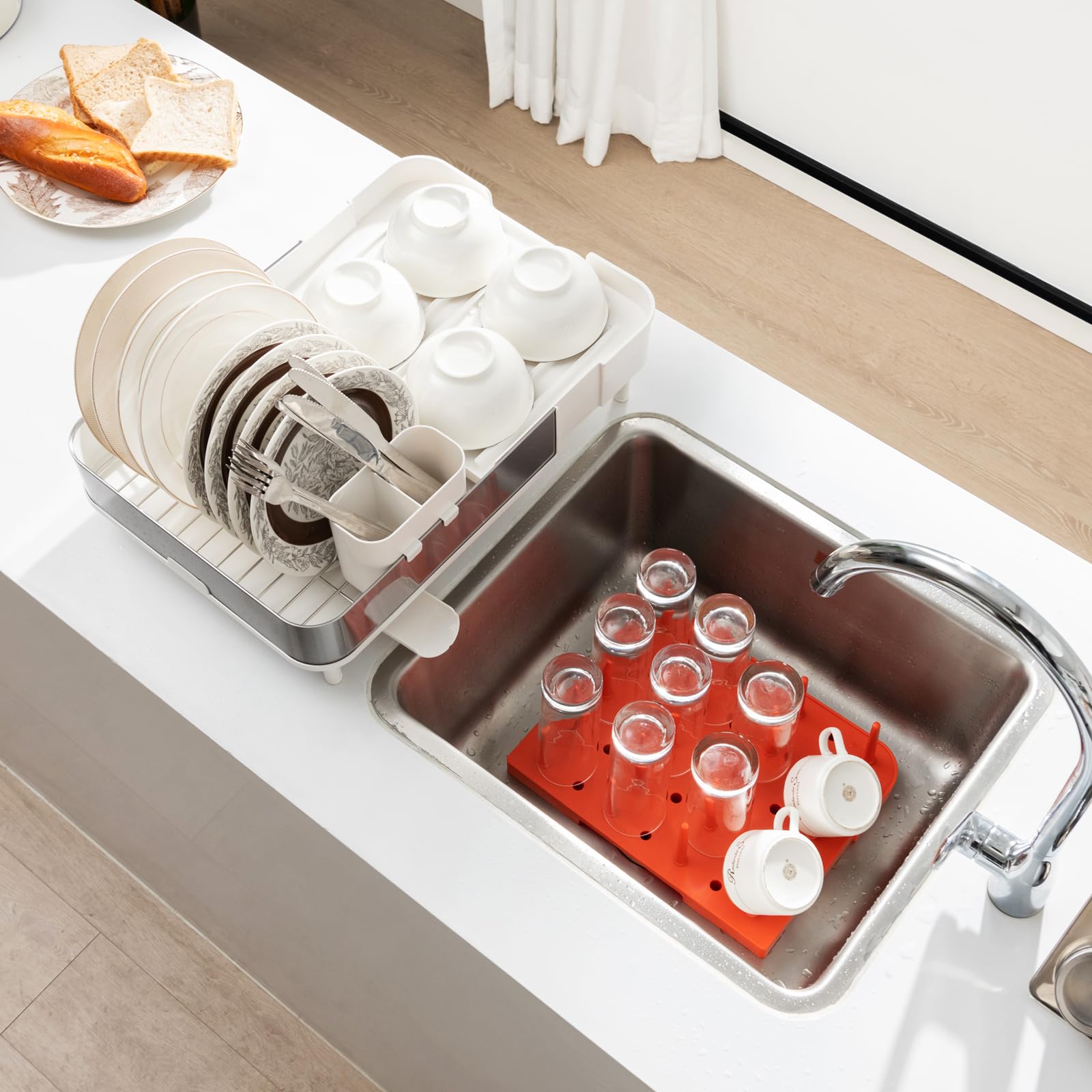 Giantex Expandable Dish Drying Rack - Adjustable Dual-Part Dish Drainer with Detachable Utensil Holder 