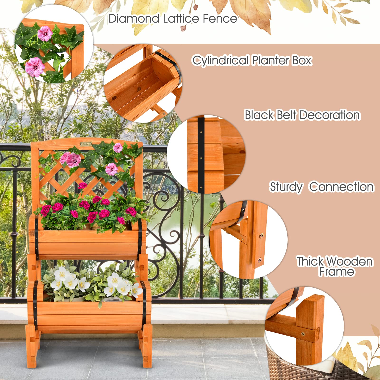 Giantex Raised Garden Bed with 2 Barrel Planters & Trellis, 2-Tier Freestanding Wooden Raised Bed for Vegetable Flower Fruit 
