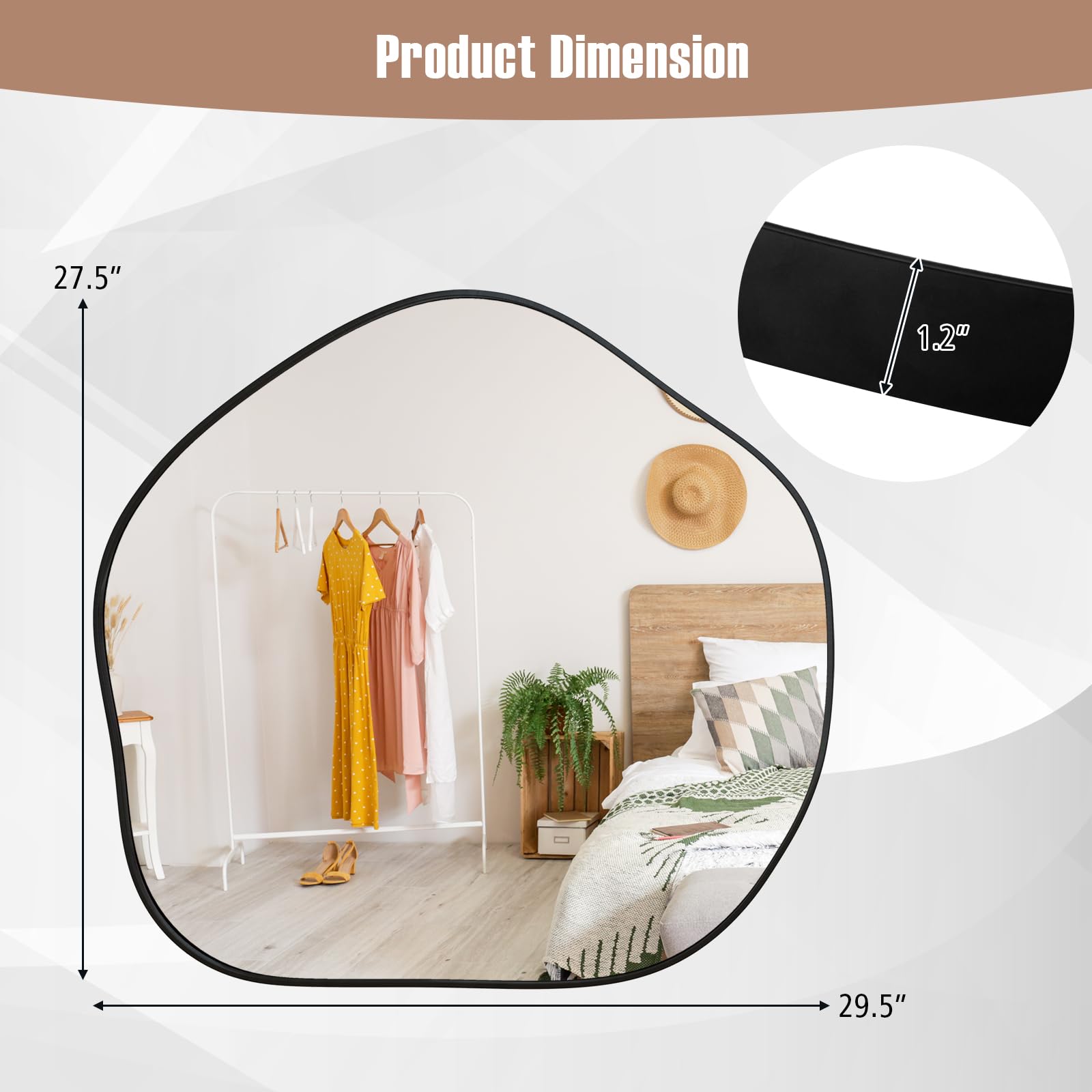 CHARMAID Irregular Wall Mirror, Asymmetrical Mirror Wall Mounted with Metal Frame and Wood Back Broad