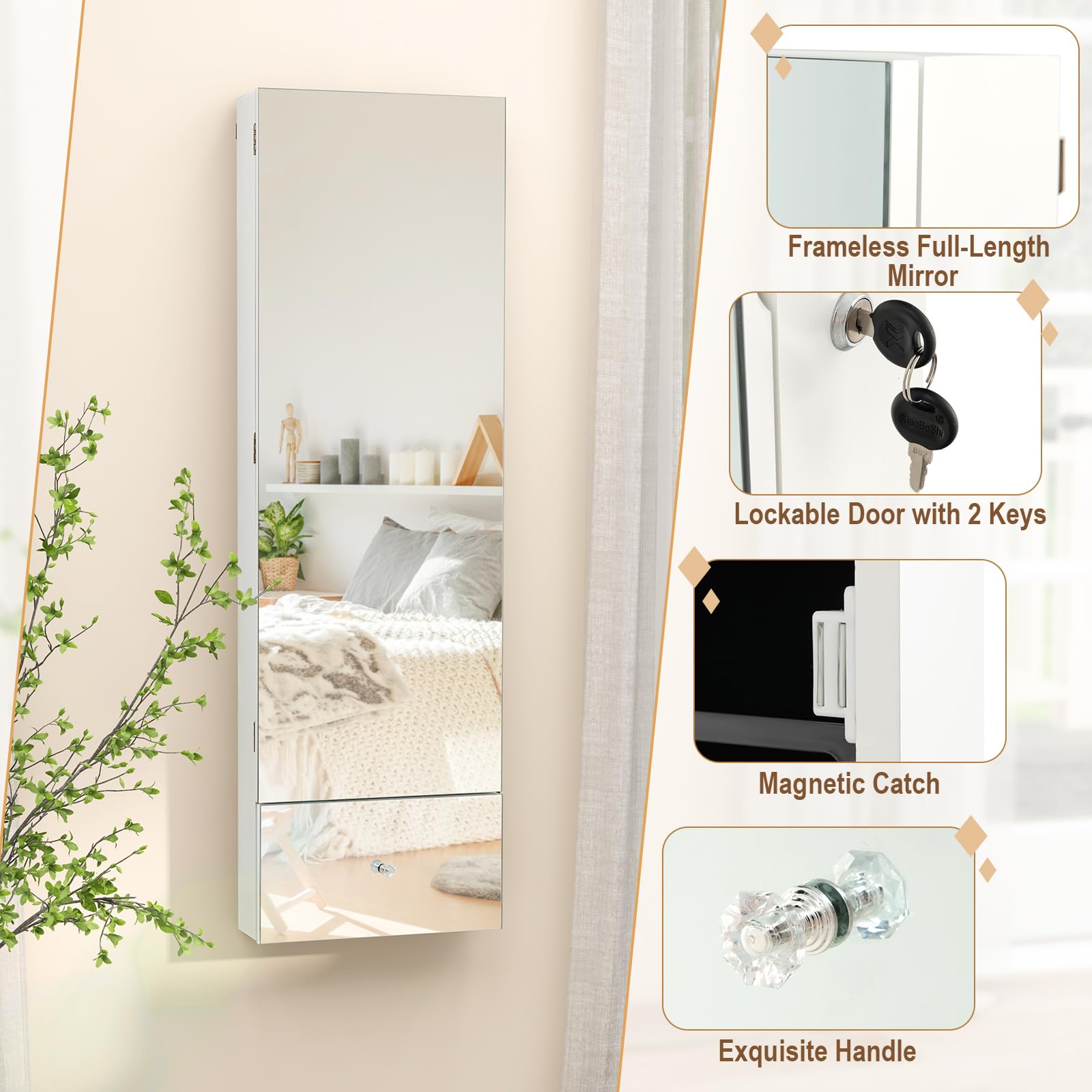 CHARMAID Jewelry Cabinet Wall Mounted, 47.2" Full Length Mirror, Lockable Jewelry Armoire with Tip out Storage Drawer 