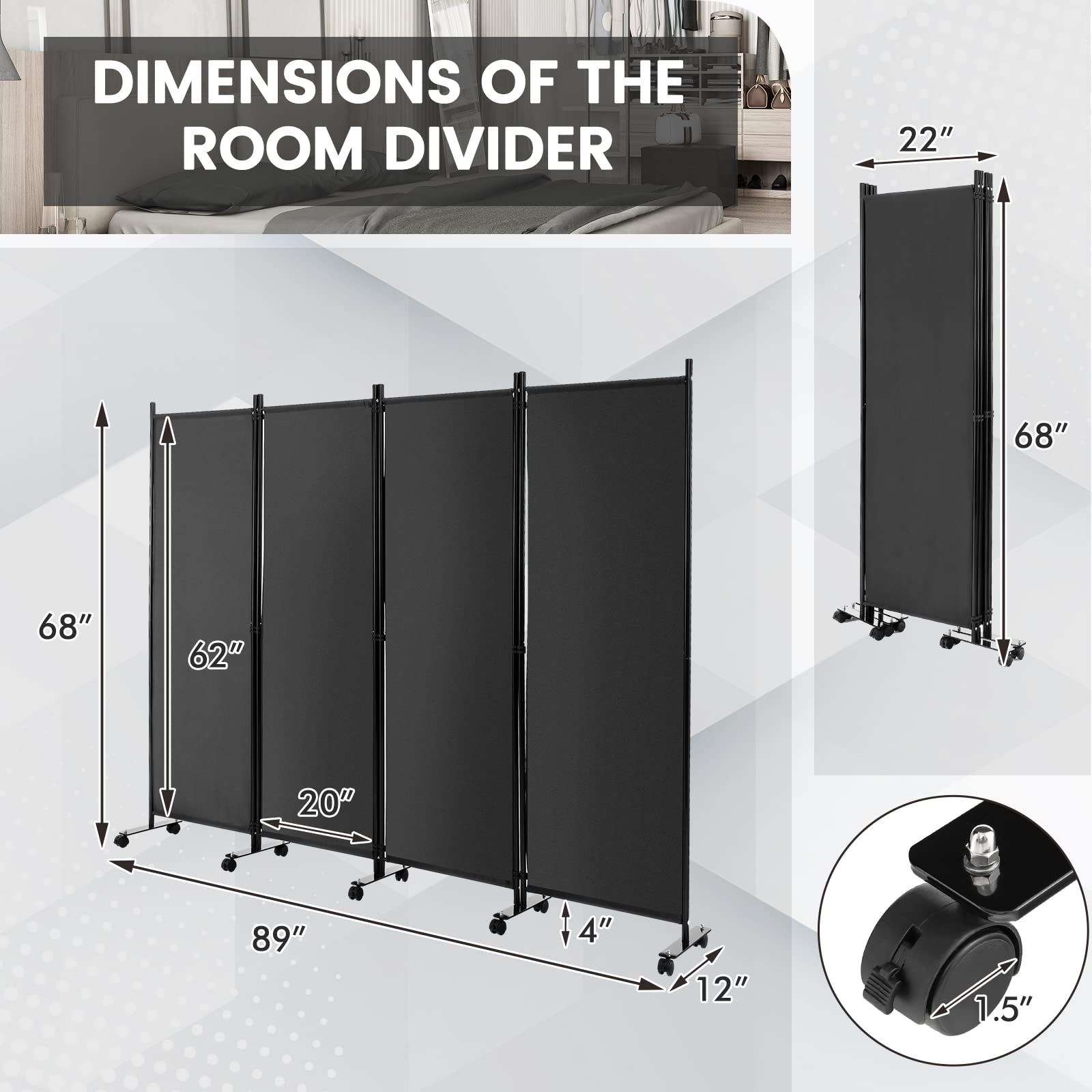 Giantex 4 Panel Room Divider, Folding Privacy Screen with Lockable Wheels, Rolling Partition Room Dividers