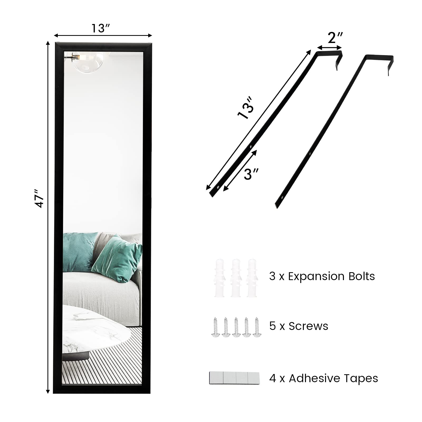 CHARMAID Over The Door Mirror, Wall Mounted Full Length Mirror, 2 Metal Hooks, 47" x 13