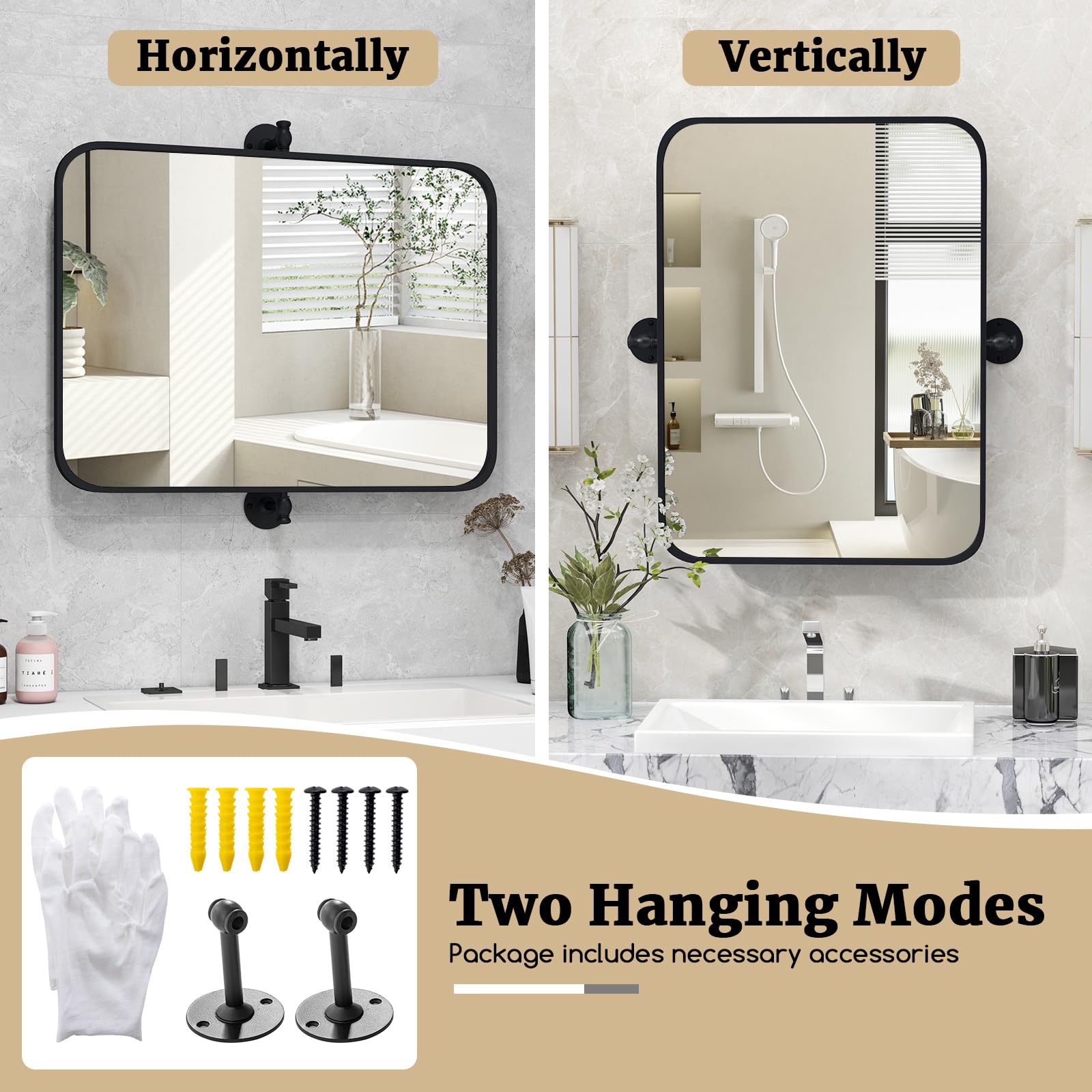 CHARMAID Pivot Mirror for Bathroom - 30'' x 22'' Tilt Beveled Vanity Mirror Black Metal Framed