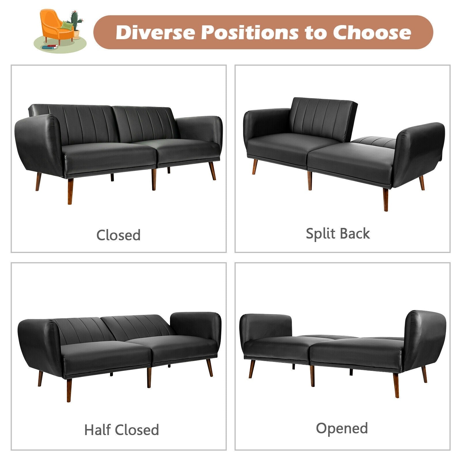 Giantex 3 Seat Sofa Bed, Convertible Futon Sofa, Adjustable Backrest, Foldable Couch Sleeper with Armrest (Black) 