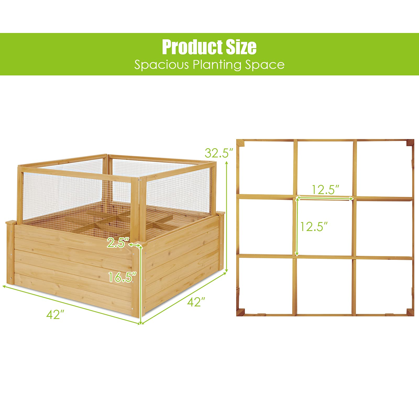 Wood Garden Bed with Critter Guard Fence (42" LX42 WX32.5 H) 