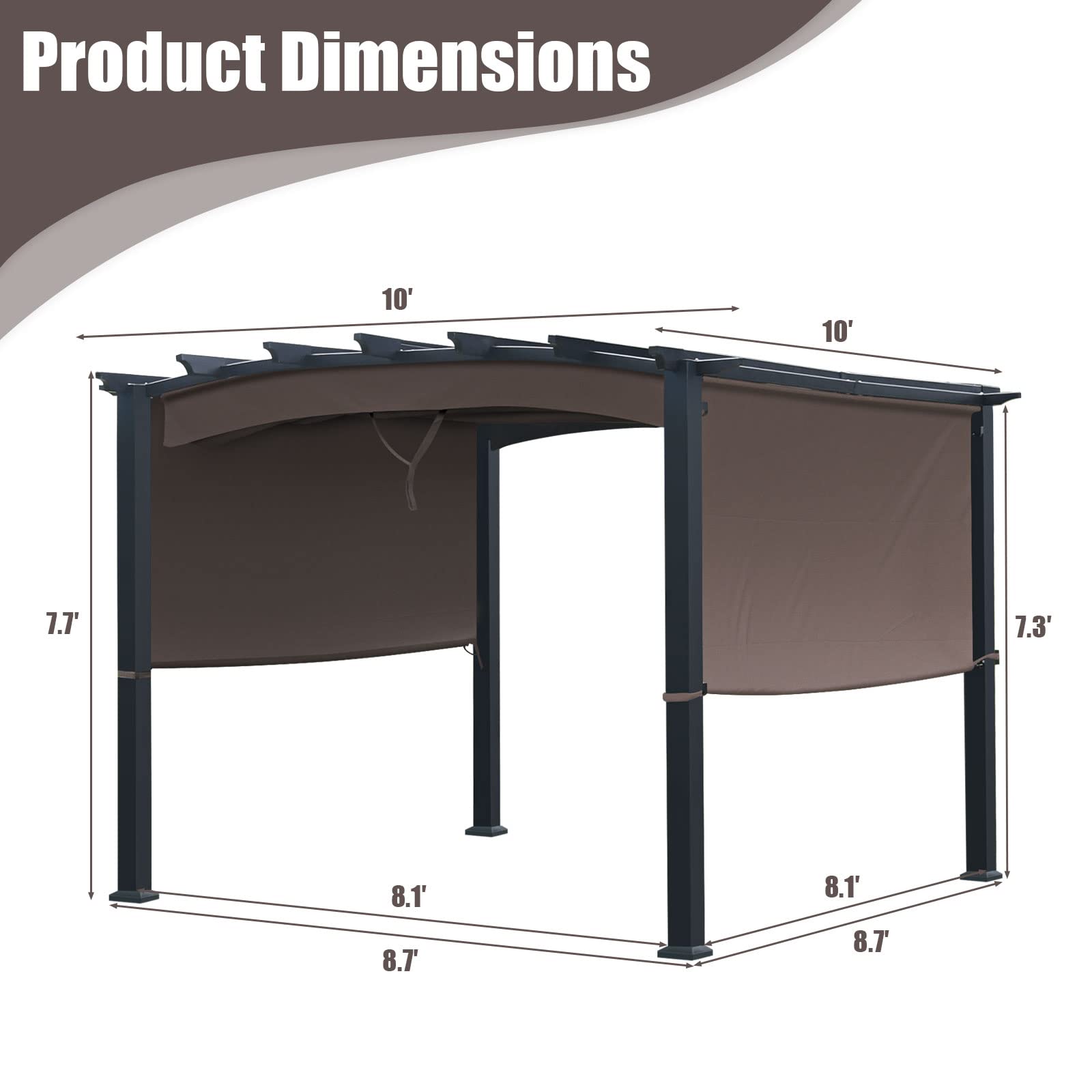 Outdoor Retractable Pergola 10' x 10', Metal Patio Gazebo Pergola