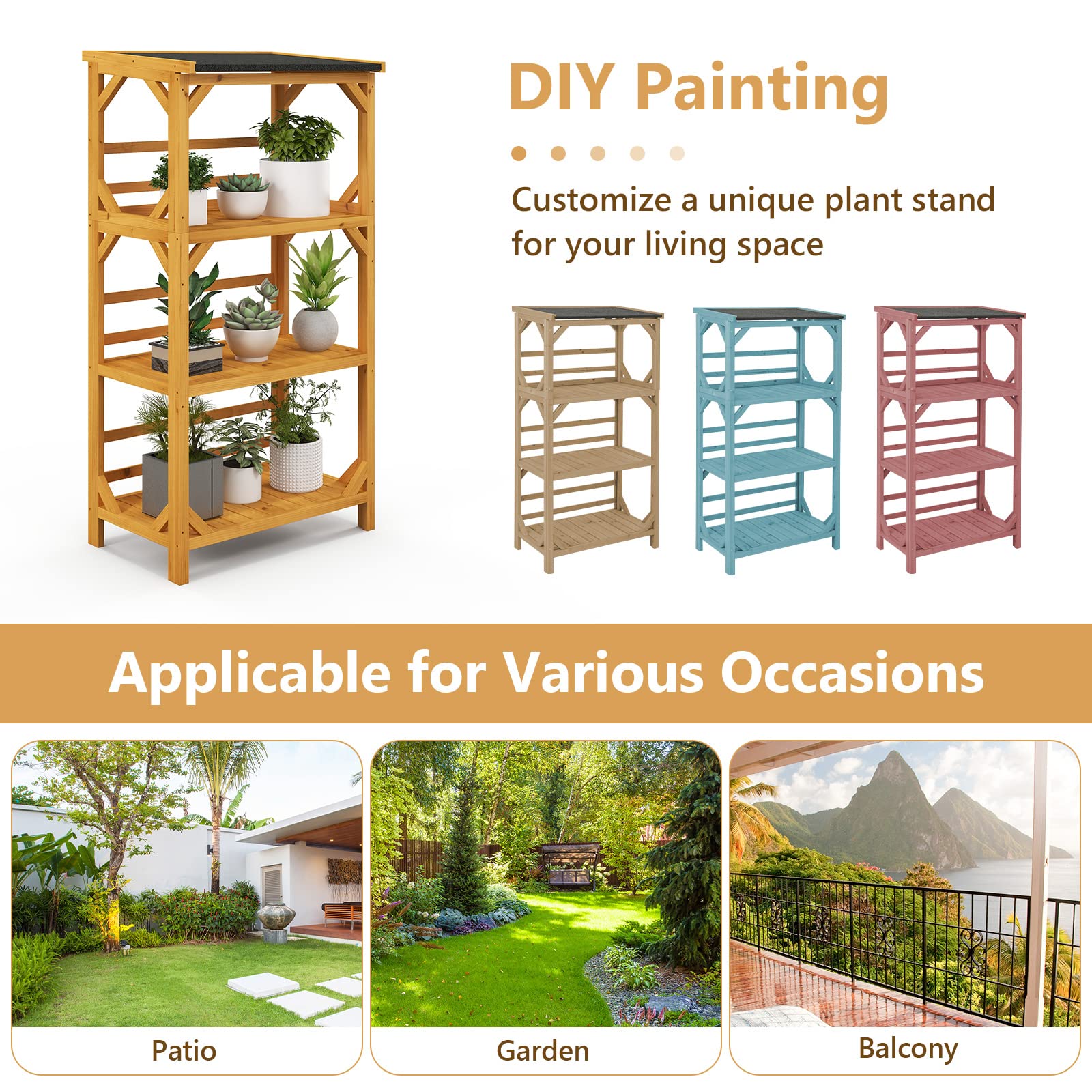 Giantex Plant Stand with Roof - 54'' Outdoor Storage Shelves, 3-Tier Wooden Plant Rack with Weatherproof Asphalt Roof 