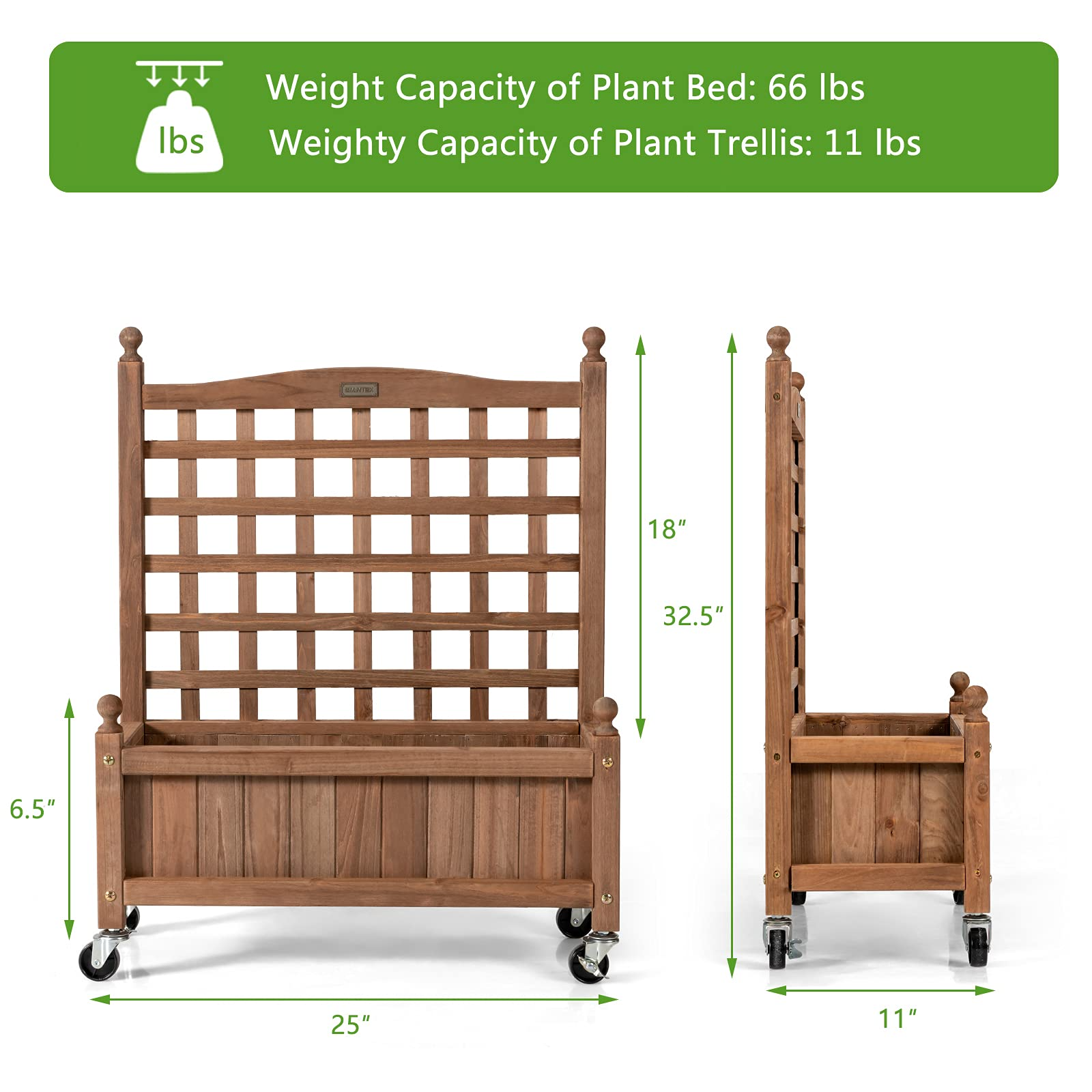 Wood Planter with Lattice Trellis and Wheels, 25'' x 11'' x 32.5'' (L x W x H) 