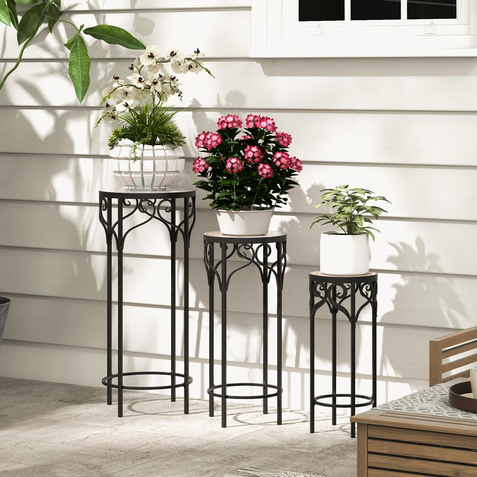 Giantex Metal Plant Stand Set of 3, 28" Mosaic Tall Flower Stand with Ceramic Top 