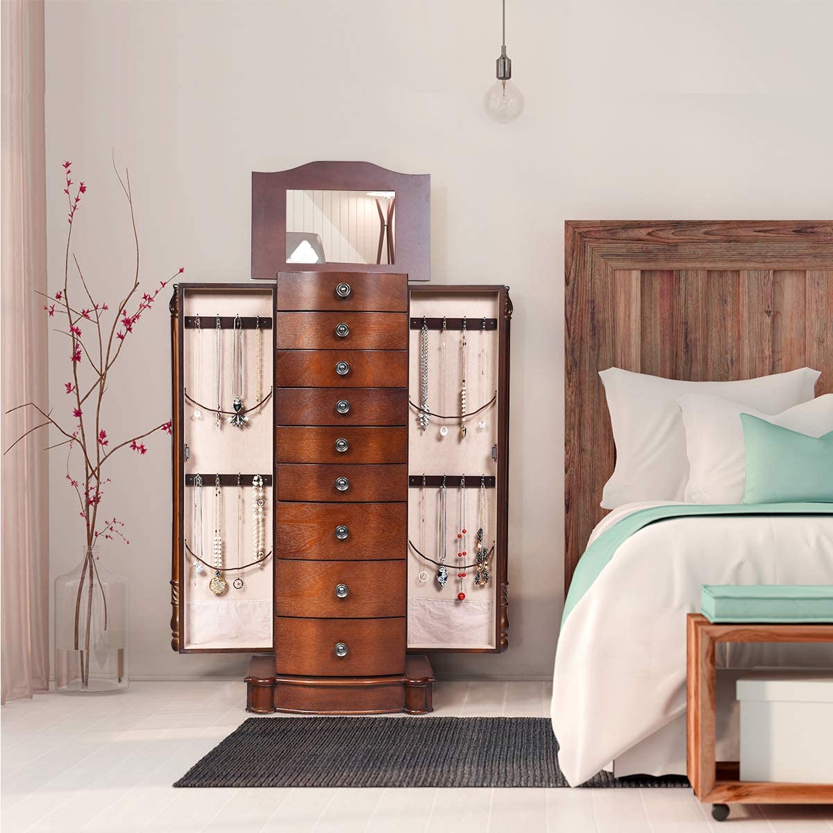 Large Jewelry Armoire Cabinet with 8 Drawers & 2 Swing Doors 16 Hooks Top Mirror Boxes 
