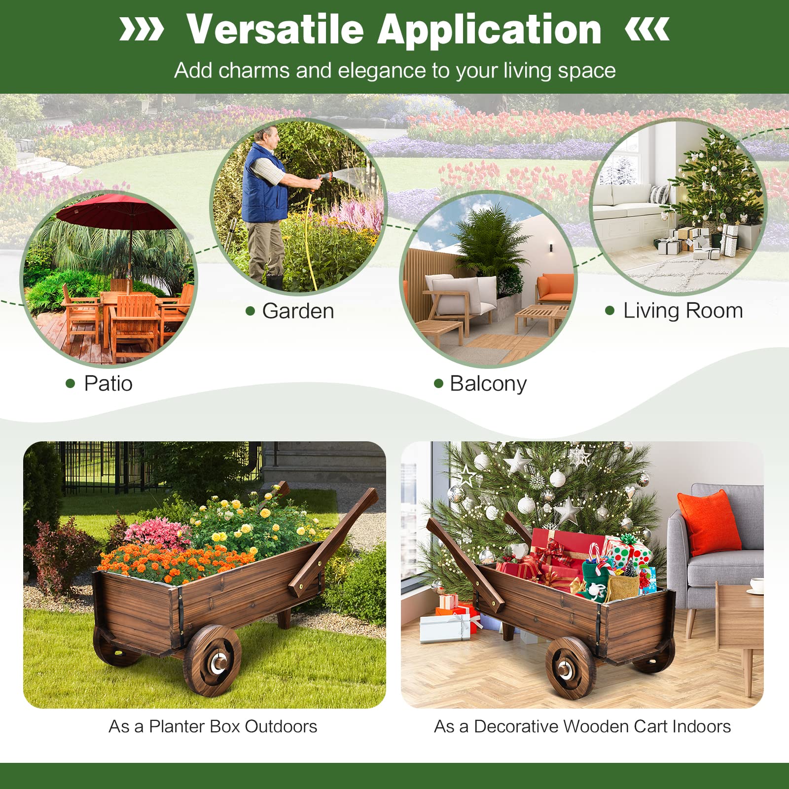 Giantex Wooden Wagon Planter Box, Decorative Wagon Cart with Wheels, Handles 