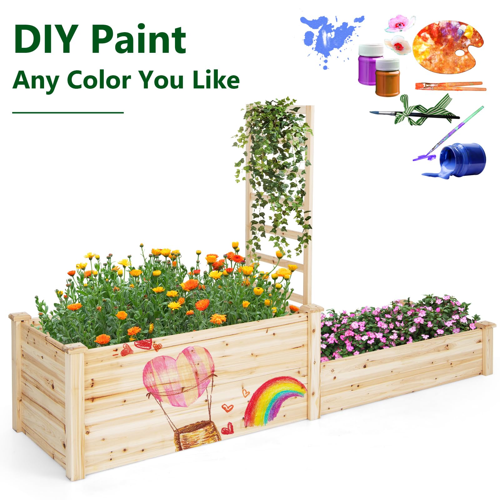Giantex Raised Garden Bed with Trellis, Set of 2 Wood Shallow & Deep Planter Box for Climbing Plants 