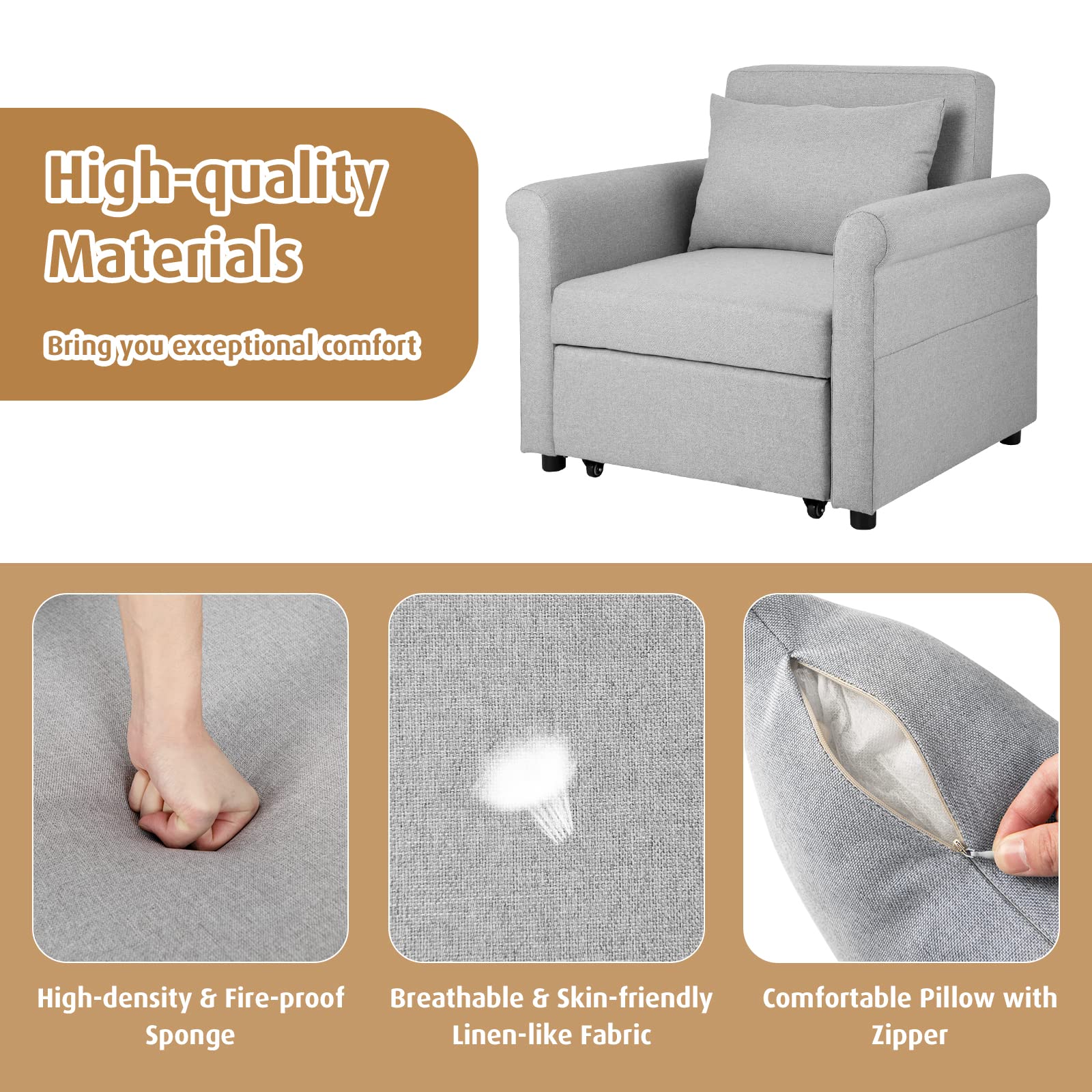 Giantex Convertible Sofa Sleeper - 3-in-1 Pull-Out Chair Bed, Adjustable Recliner Backrest 