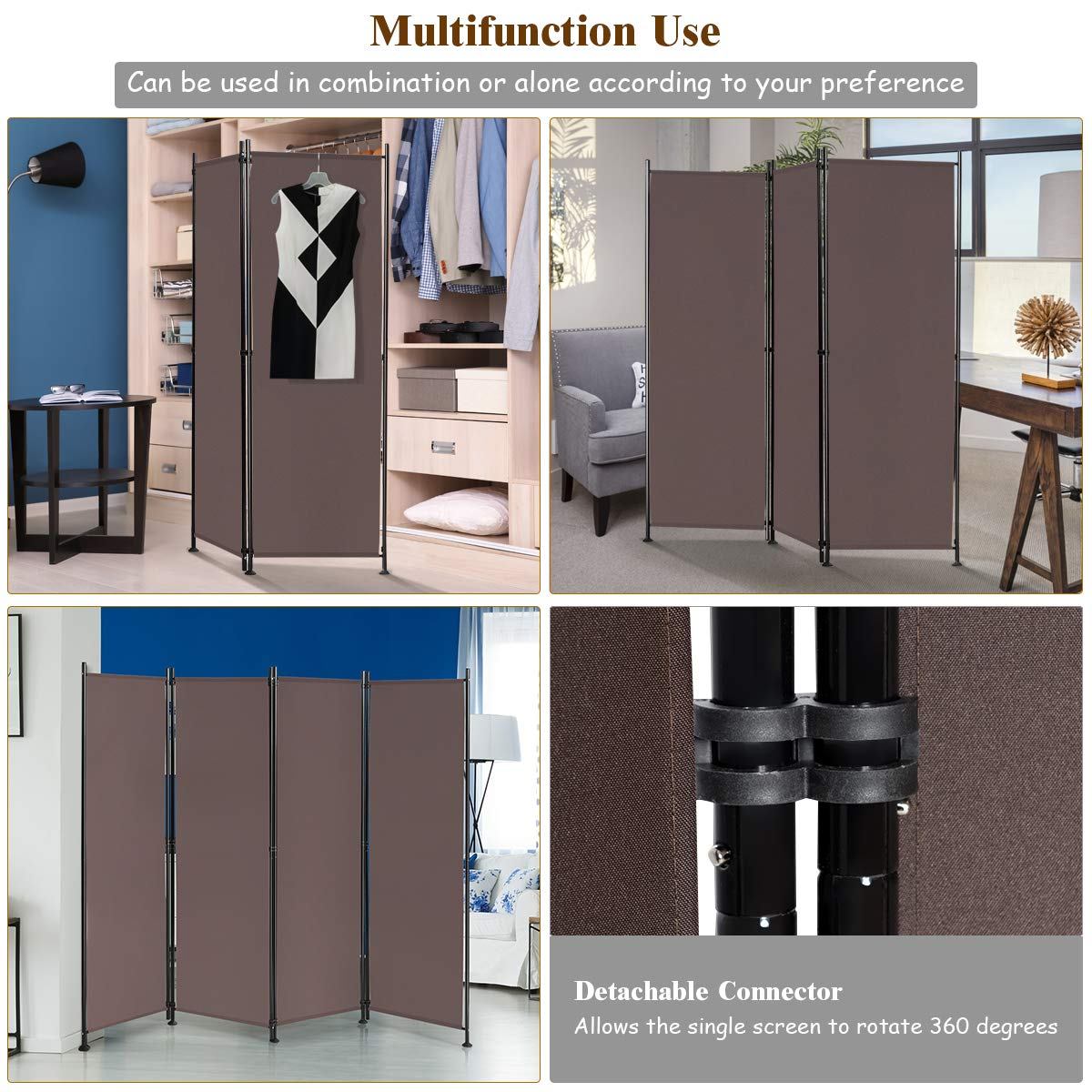 Giantex 4 Panel Room Divider, 5.6 Ft Folding Privacy Screen with Adjustable Foot Pads (Coffee)