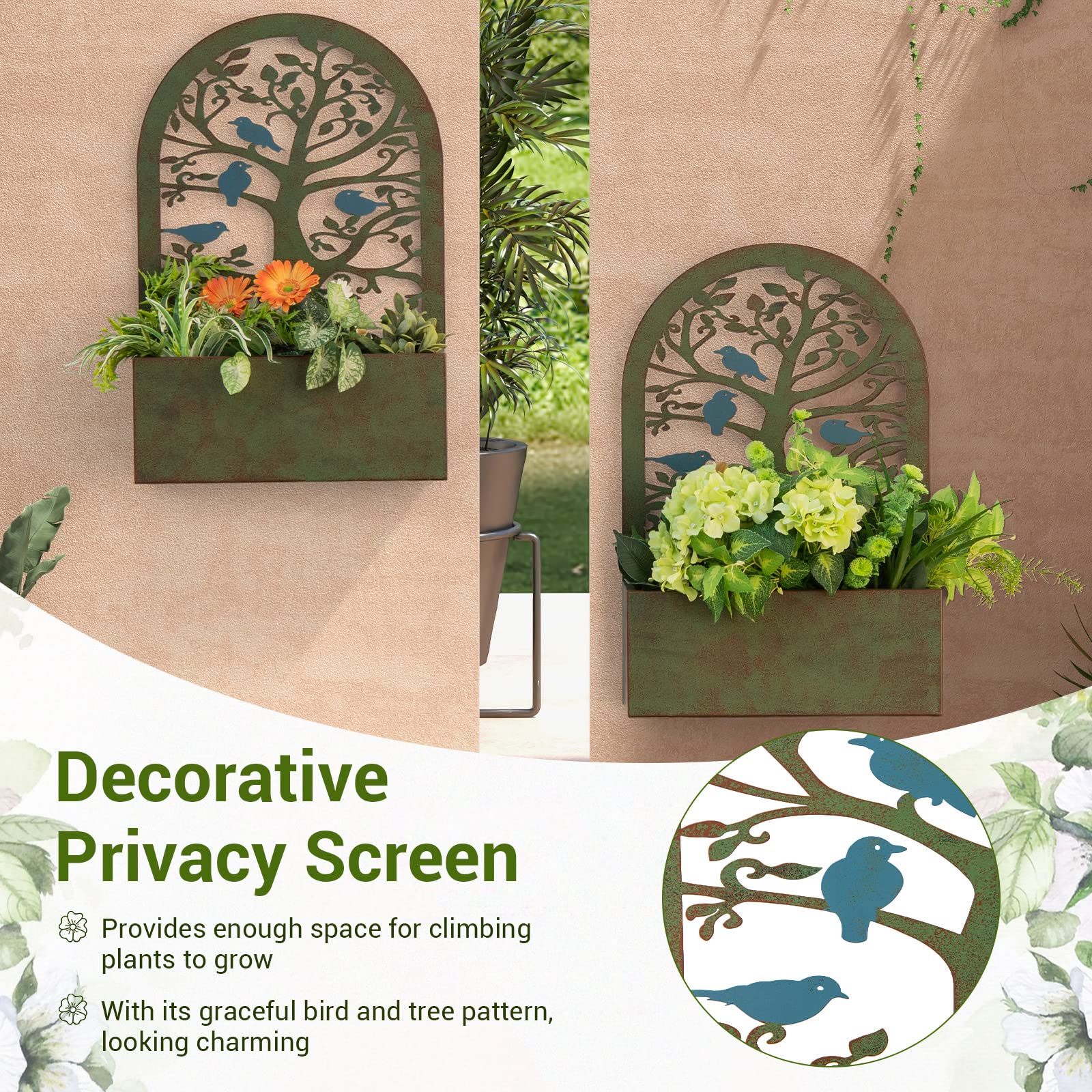 Giantex Raised Garden Bed Set of 2 - Wall-Mounted & Freestanding Decorative Planter Boxes with Trellises 