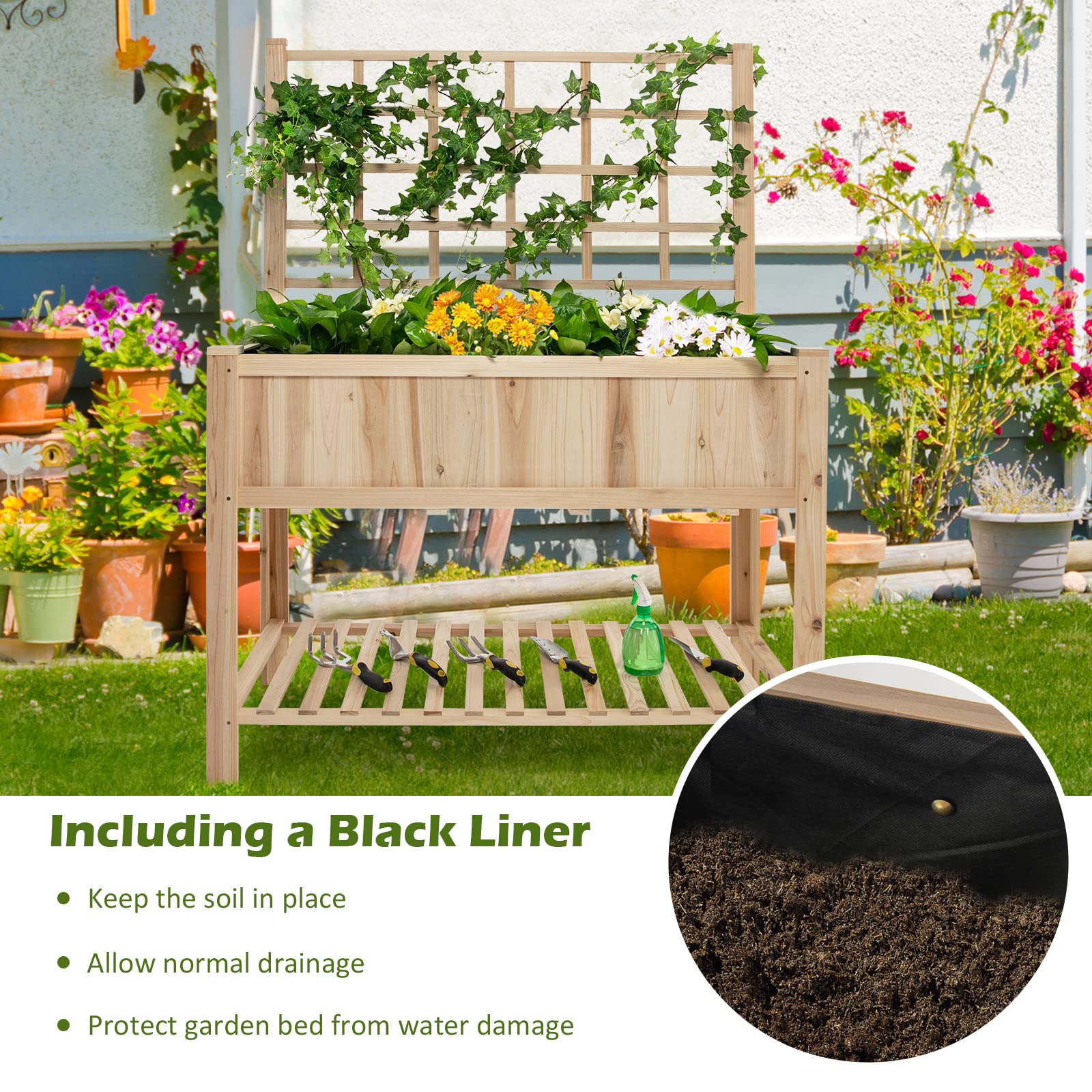 Giantex Wood Planter with Trellis, Standing Raised Garden Bed 