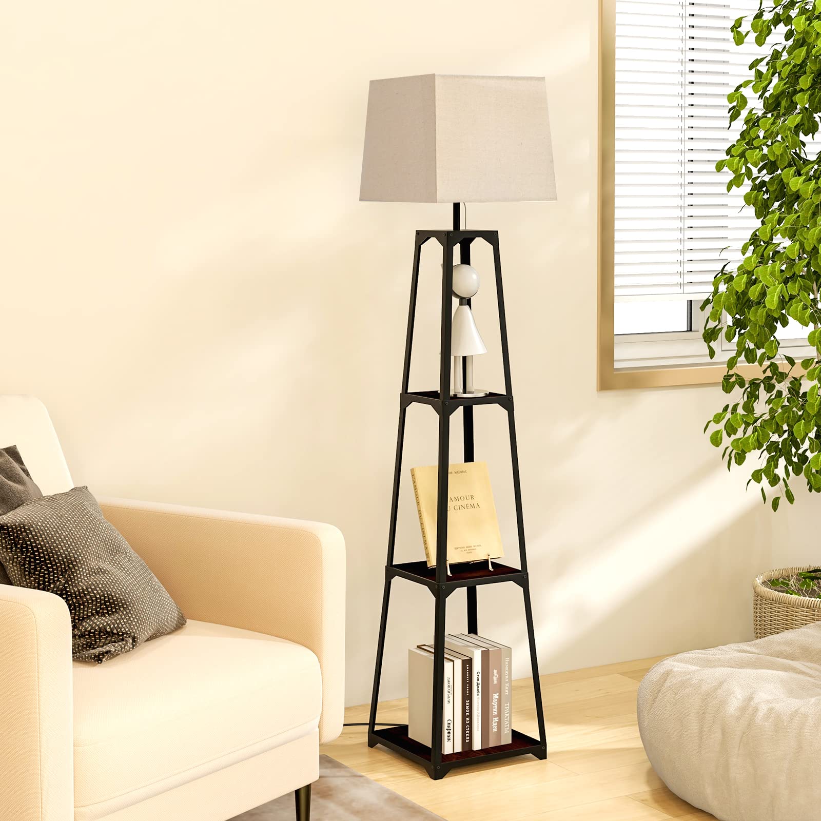 Giantex Shelf Floor Lamp - 3-Tier 63" Tall Modern Corner Standing Lamp with Linen Lampshade 