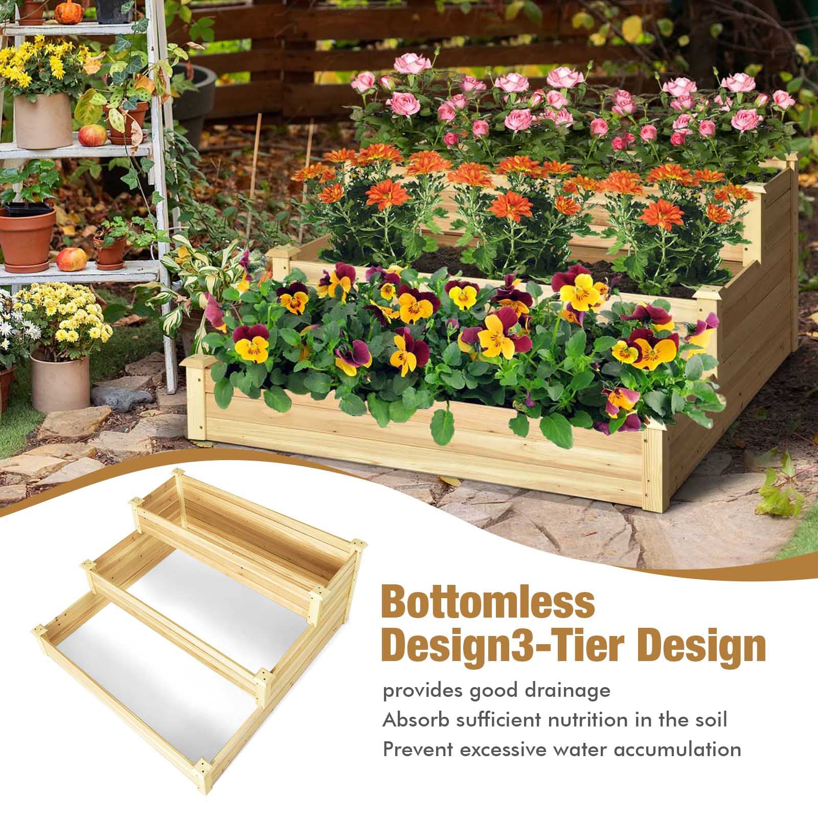 Giantex 3 Tier Raised Garden Bed, Wood Planter Box 48 x 48 x 22 Inch Vegetable Flower Herb Fruit Growing Bed Kit 