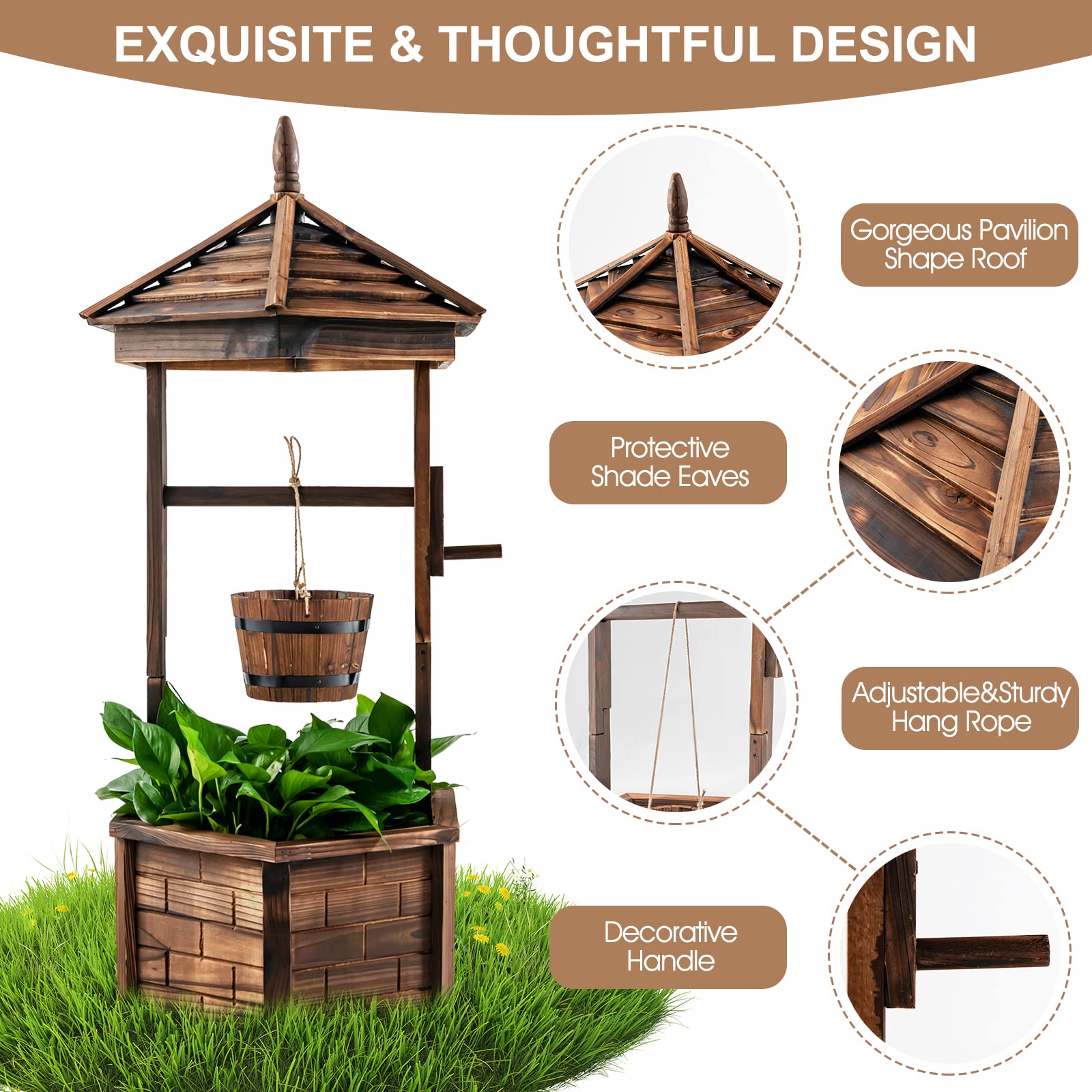 Giantex Rustic Wooden Wishing Well Planter with Hanging Bucket, Roof Shadow