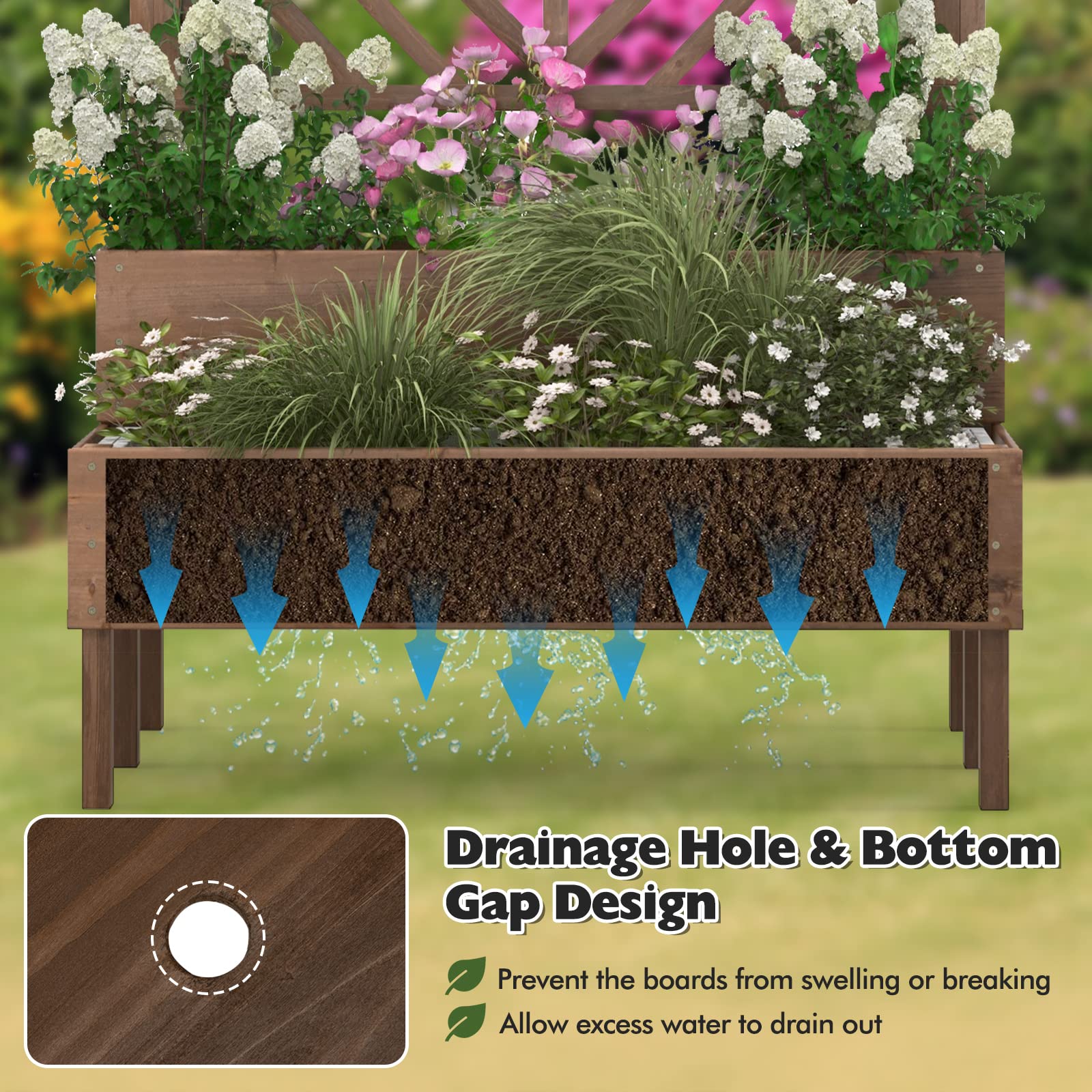 Giantex Raised Garden Bed with Trellis, 2-Tier Wooden Planter Box with Legs and Drain Holes (Brown) 