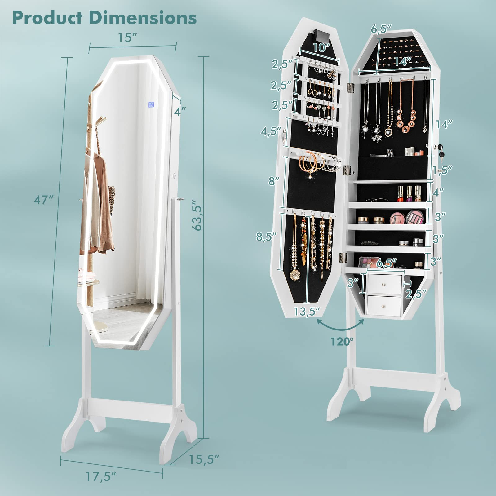 CHARMAID Jewelry Armoire with Full Length LED Mirror