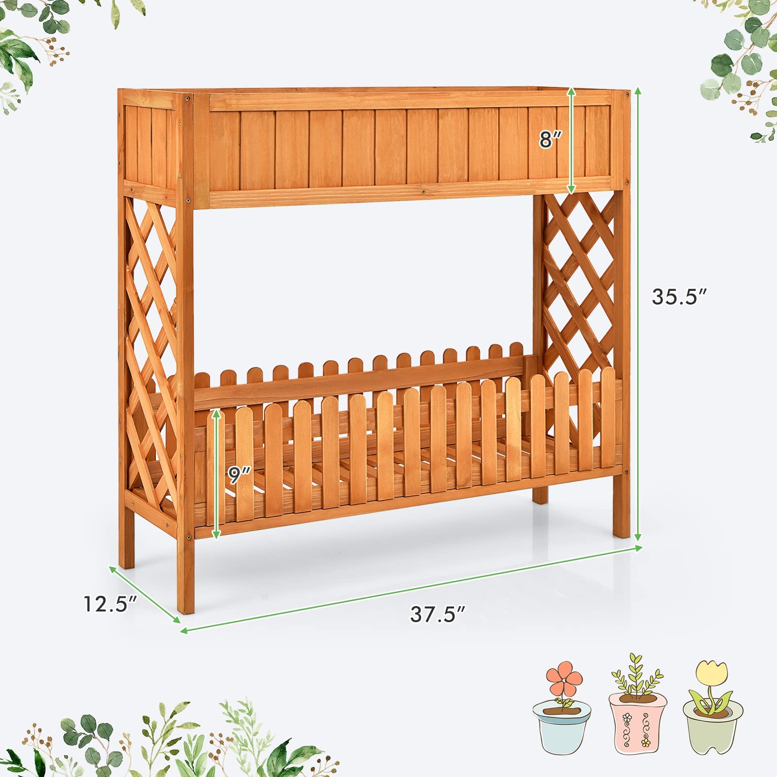 2-Tier Wood Potted Plant Rack with Fence 