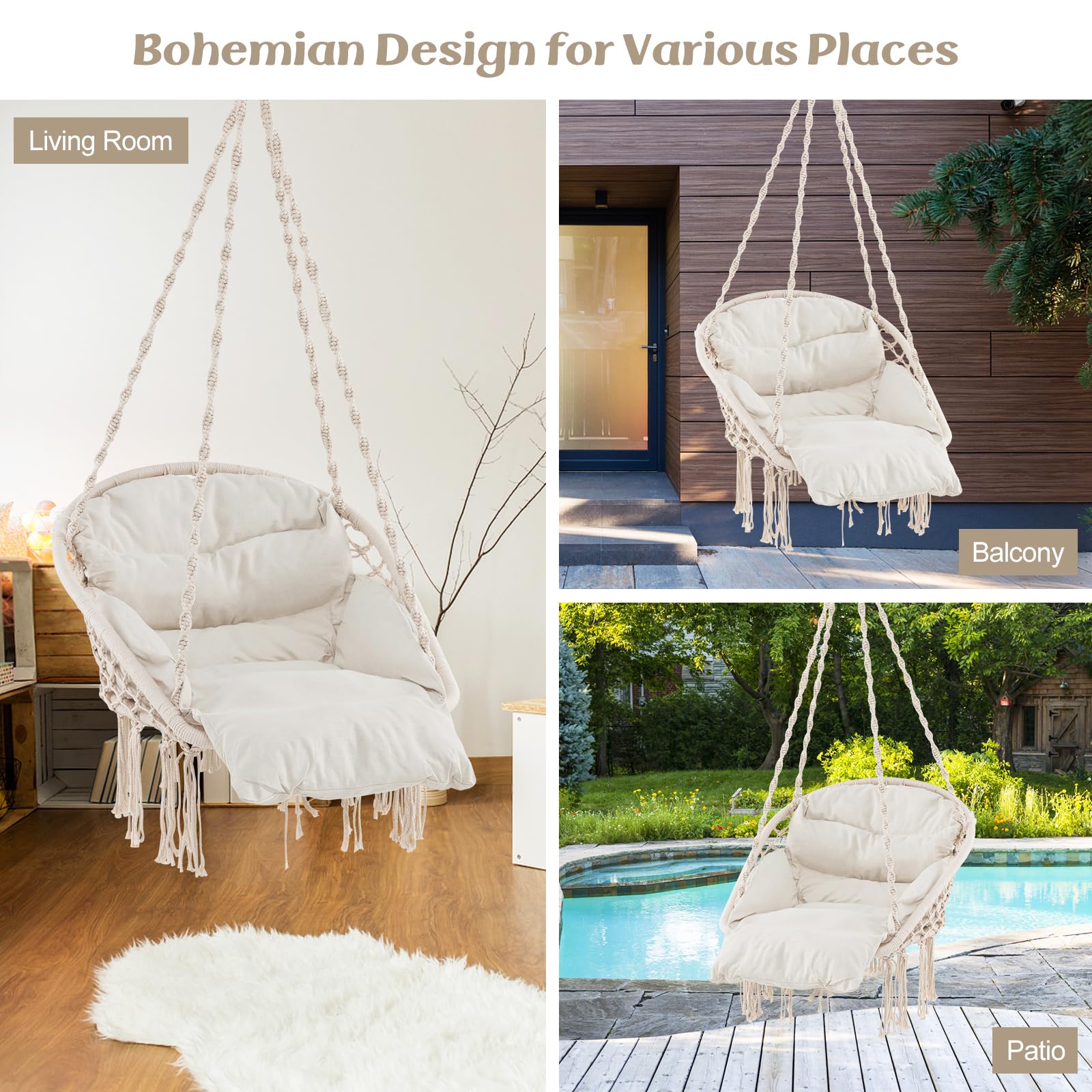 Giantex Hanging Chair Outdoor, Hammock Chair with Thick Cushion & Macrame 