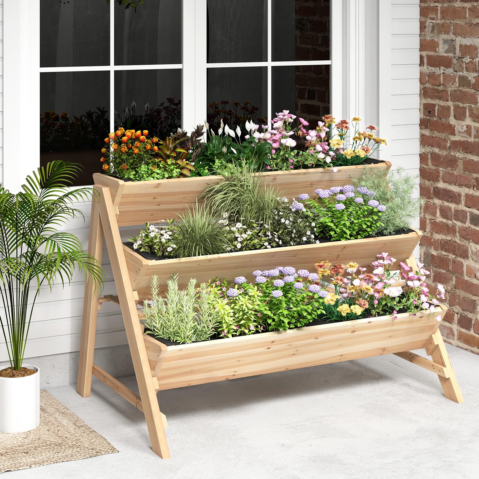 Giantex 3-Tier Raised Garden Bed, Wooden Vertical Planter Box with Storage Shelf 