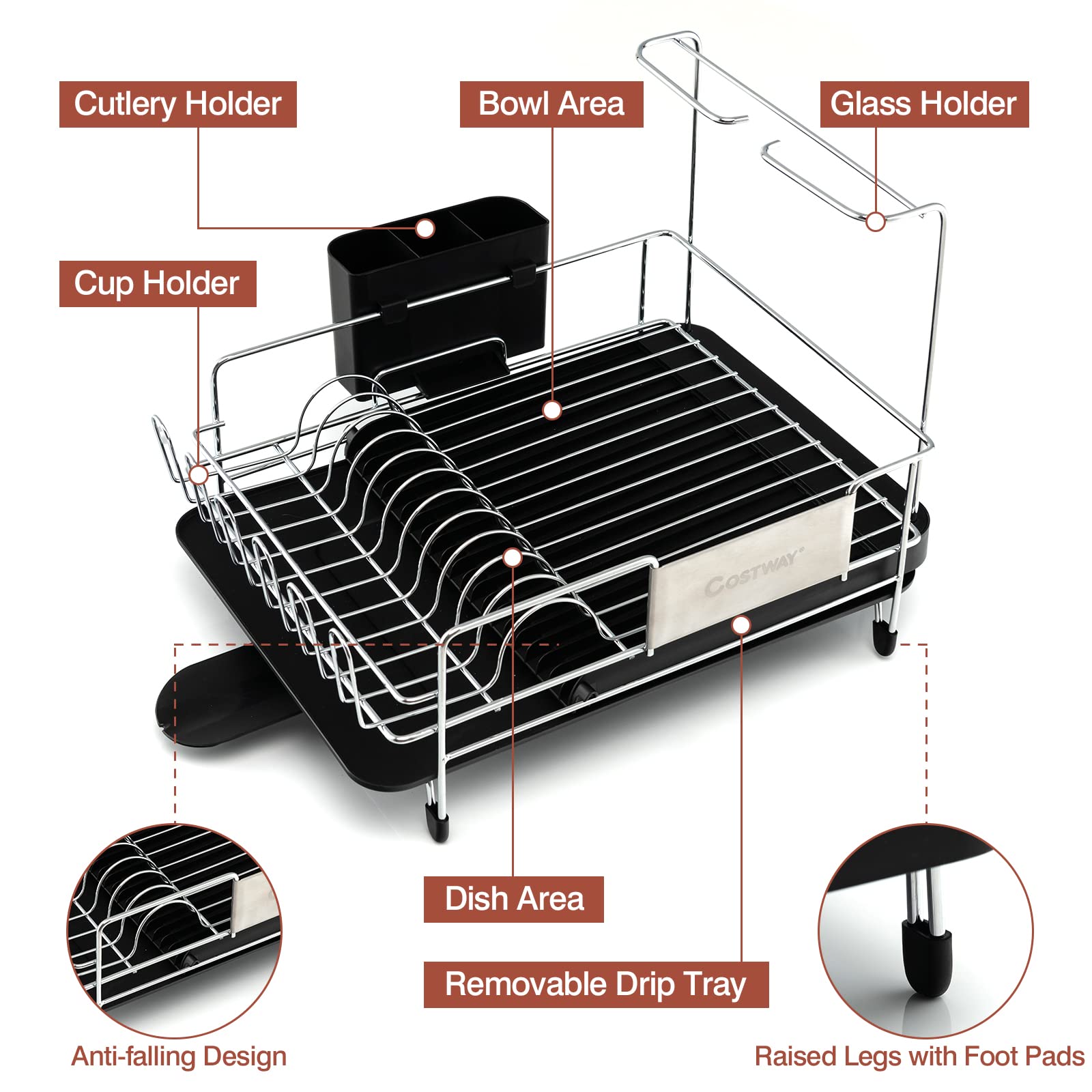 Giantex Stainless Steel Dish Rack, Expandable Dish Drainer Rack with Cutlery Cup Glass Holder 