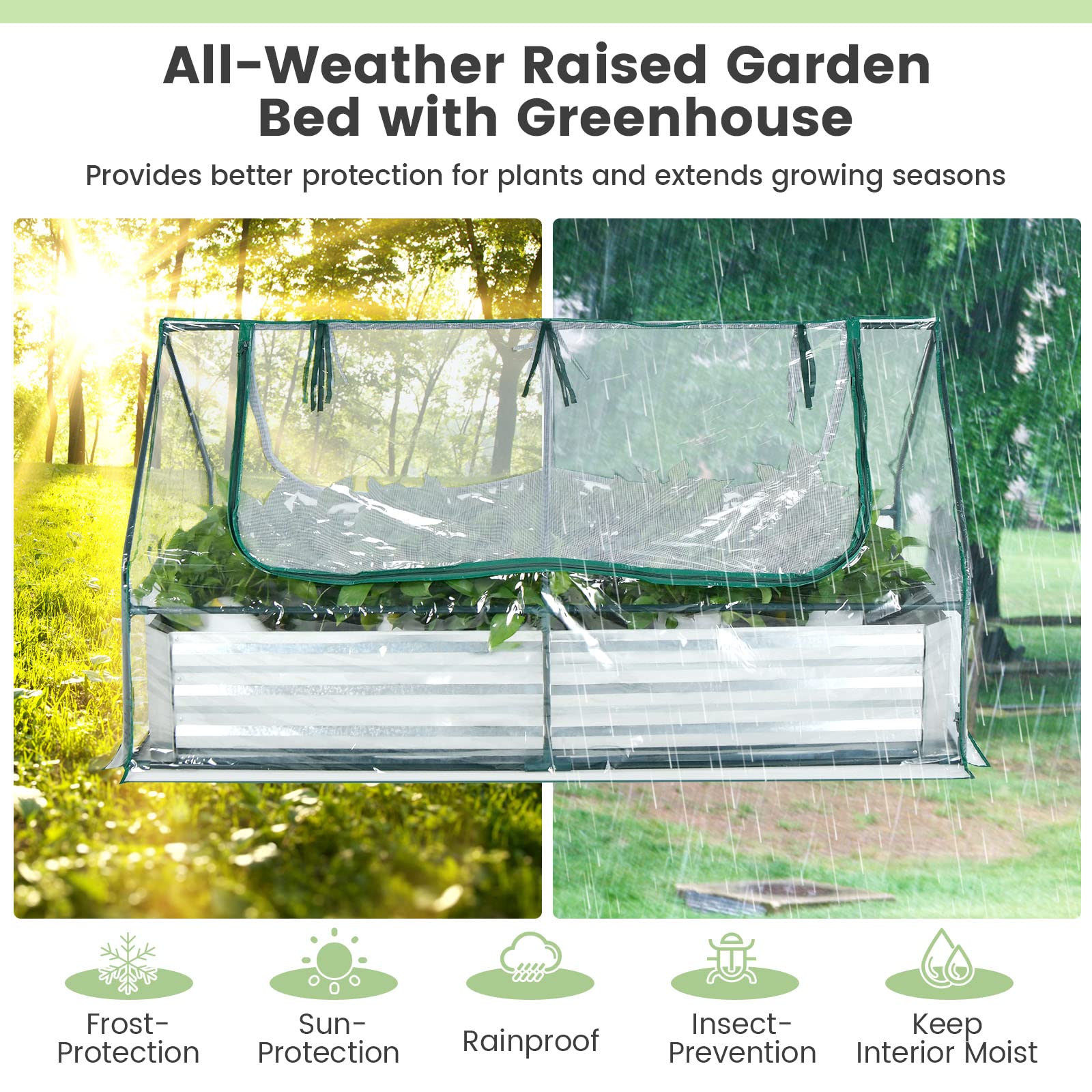 Giantex Galvanized Steel Raised Garden Bed with Mini Greenhouse, Outdoor Metal Planter Box Kit with Large Roll-up PVC Cover 