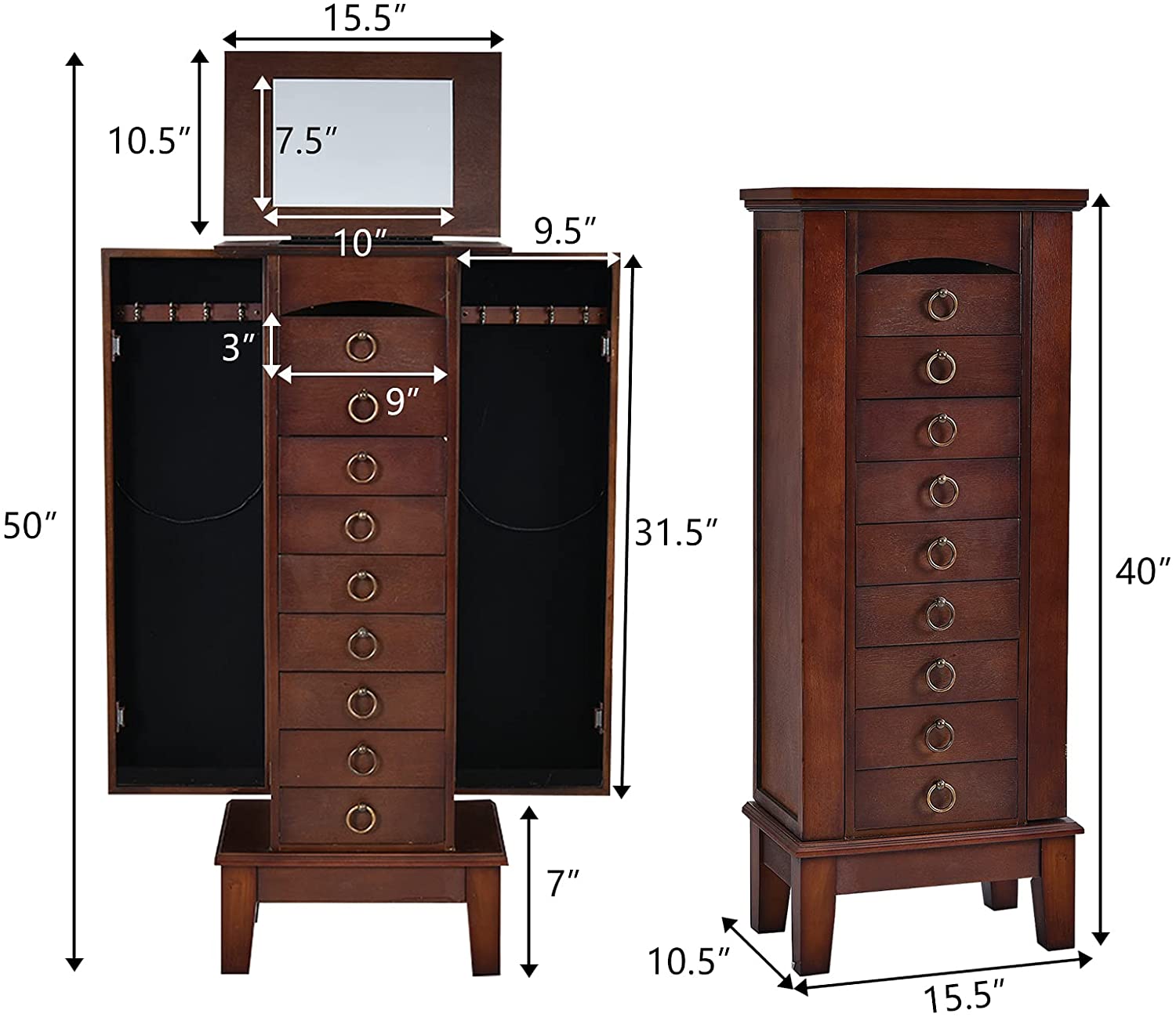 Jewelry Cabinet with Top Compartment Bedroom Armoire with Large Storage