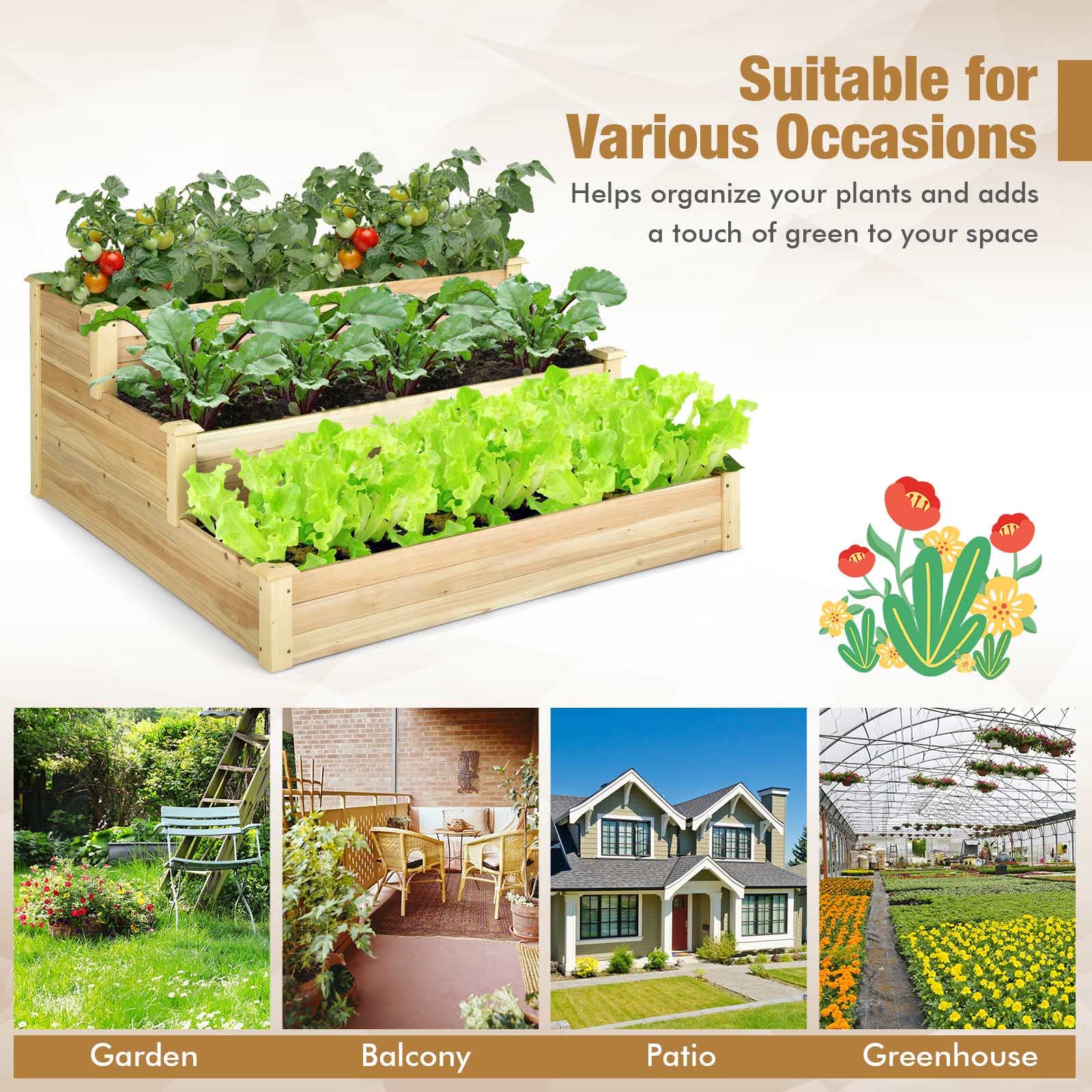 Giantex 3 Tier Raised Garden Bed, Wood Planter Box 48 x 48 x 22 Inch Vegetable Flower Herb Fruit Growing Bed Kit 