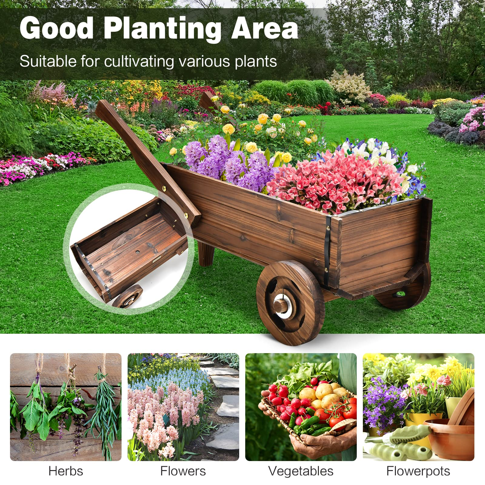 Giantex Wooden Wagon Planter Box, Decorative Wagon Cart with Wheels, Handles 