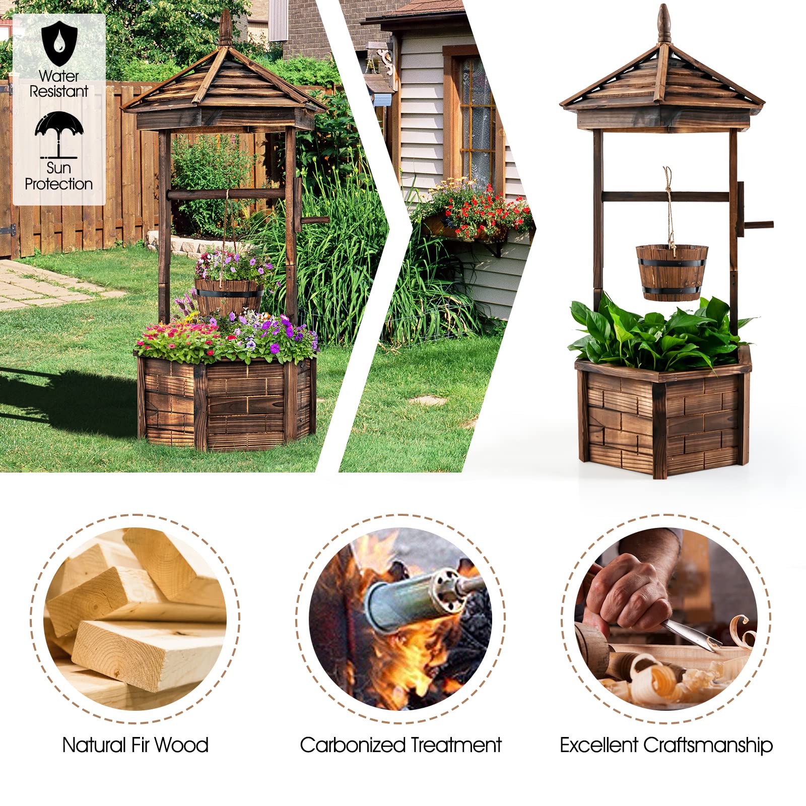 Giantex Rustic Wooden Wishing Well Planter with Hanging Bucket, Roof Shadow