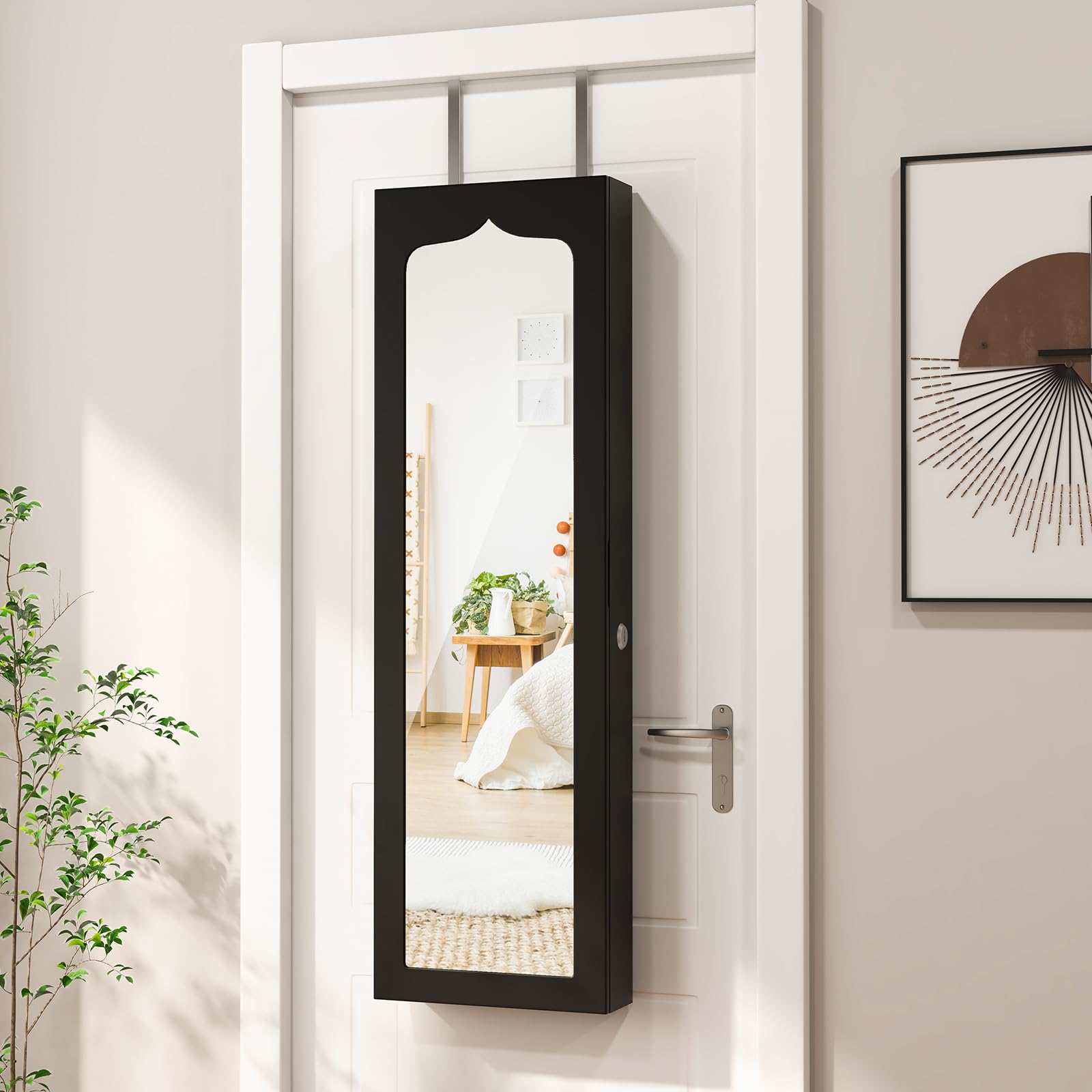 CHARMAID 5 LEDs Mirror Jewelry Armoire Wall Mounted Door Hanging, Lockable Jewelry Cabinet with 47.5"H Full Length Mirror 