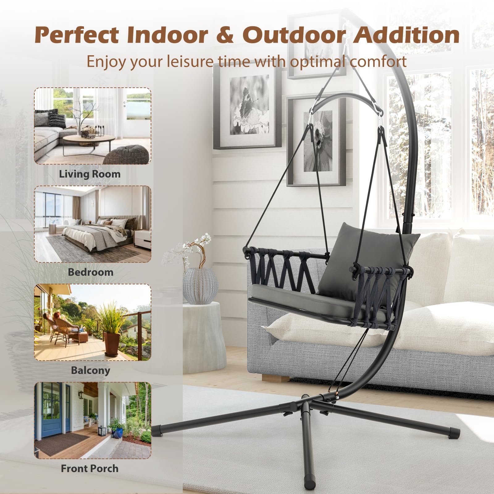 Giantex Hanging Swing Chair W/Stand, Cozy Seat & Back Cushions 