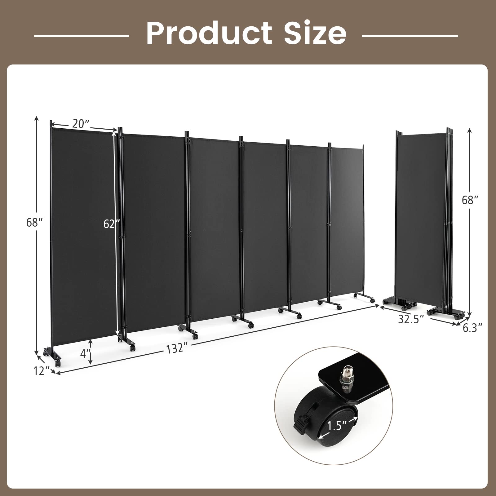 Giantex 6 Panel Room Divider, 132''W x 68''H Large Folding Privacy Screen, Rolling Partition Room Dividers for Home Office Studio Separation