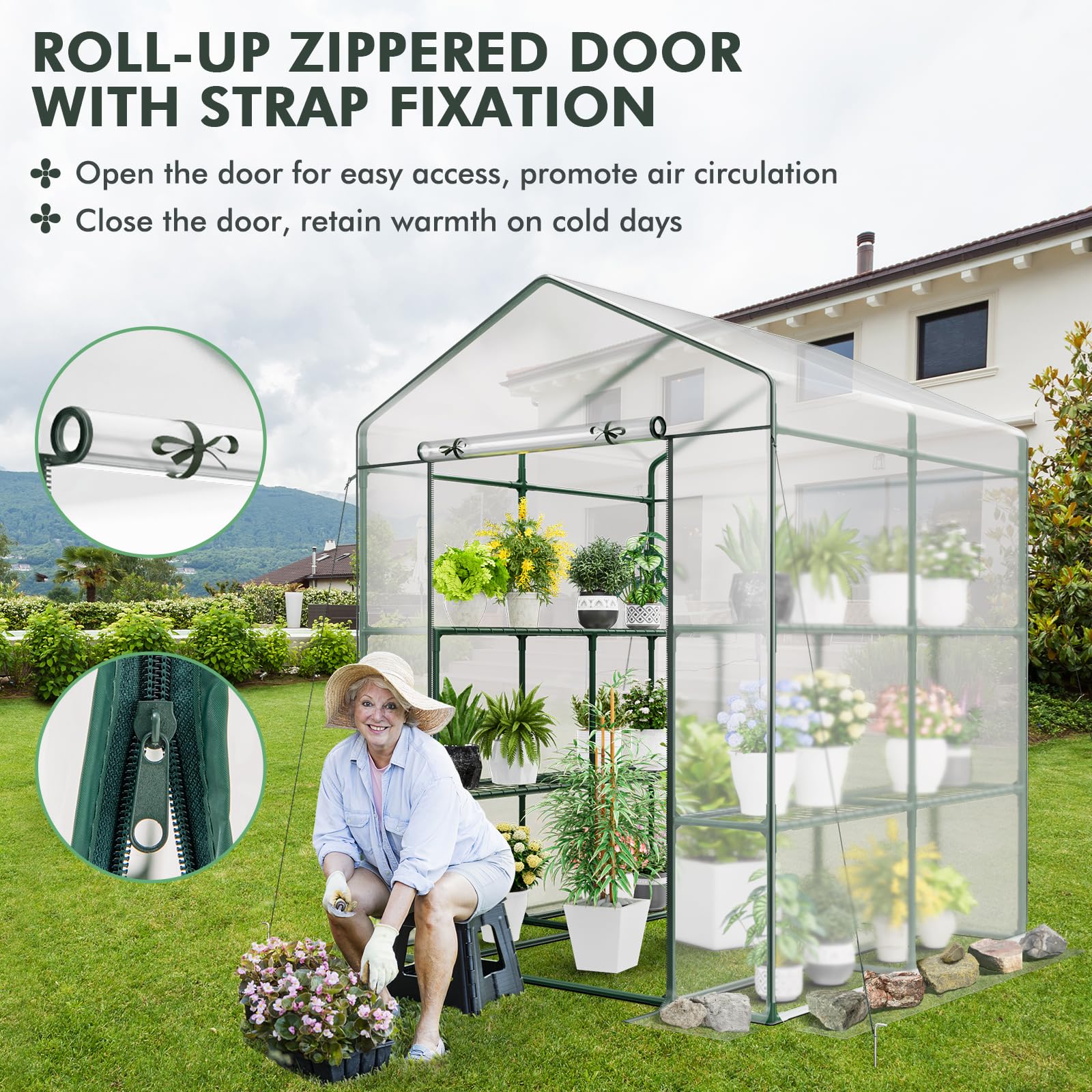 Giantex Walk-in Greenhouse w/ 3 Tiers 4 Shelves, 4 Ground Stakes & Ropes, PVC Cover 