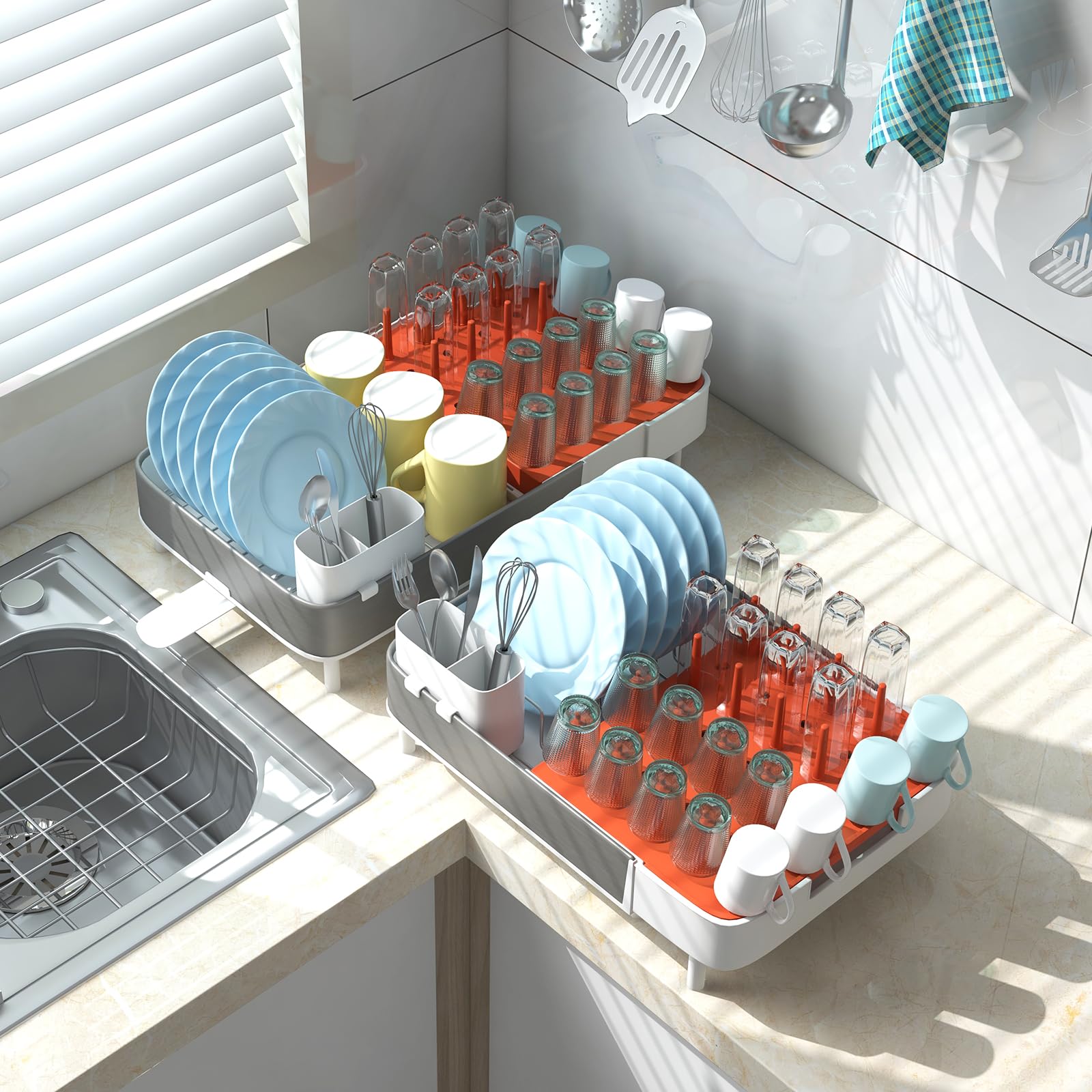 Giantex Expandable Dish Drying Rack - Adjustable Dual-Part Dish Drainer with Detachable Utensil Holder 