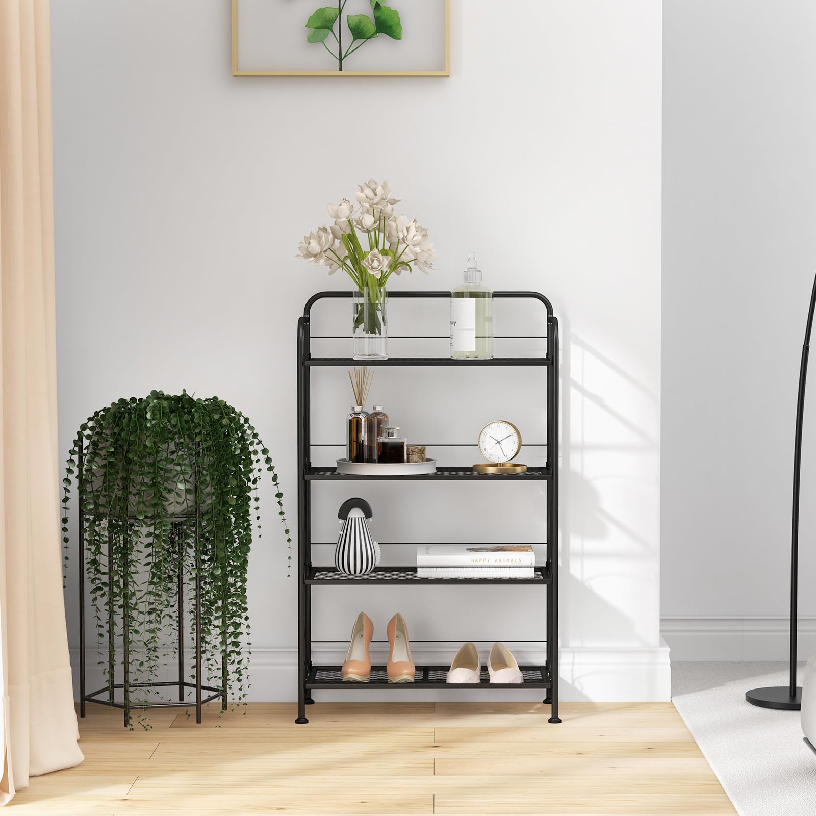 Giantex Folding Plant Stand, 4-Tires Collapsible Plant Rack with Adjustable Shelf, Black 