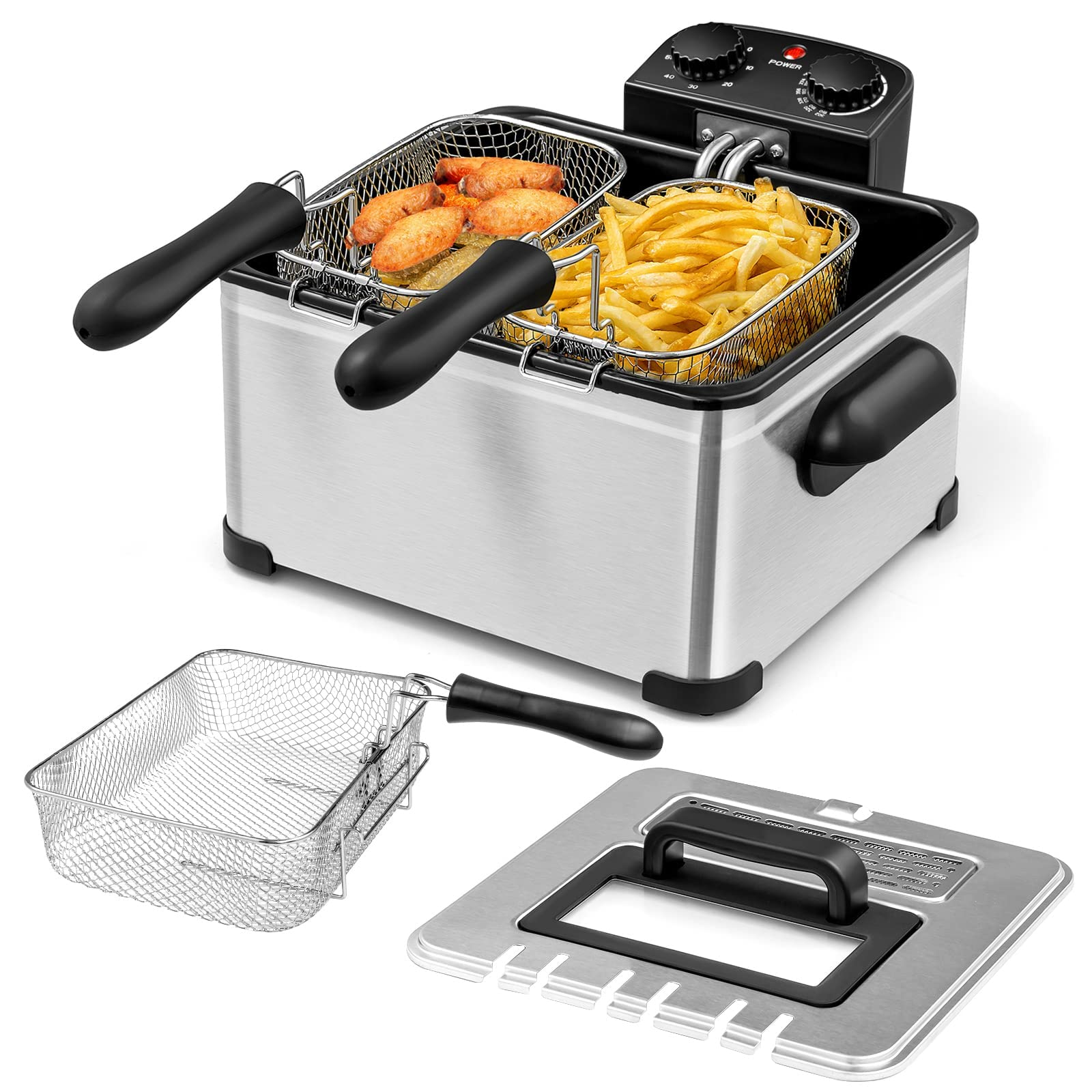 Giantex 1700W Electric Deep Fryer with 3 Baskets, 5.3QT/21-Cup Frier Cookers Home Fryer 