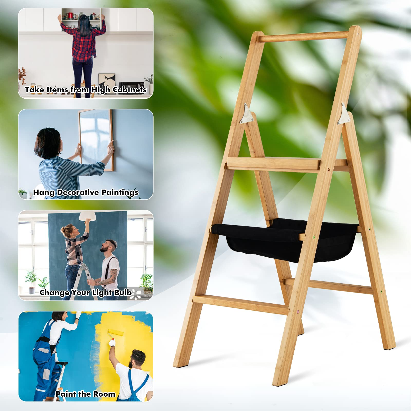 100% Bamboo Folding Step Stool with Handrail | 3 Step Ladder 