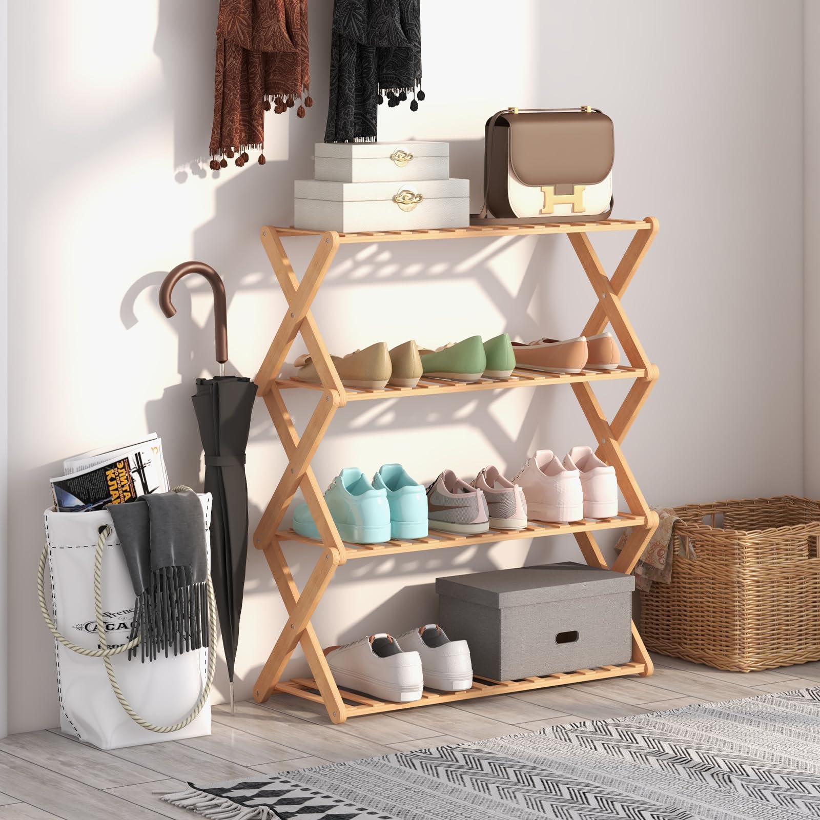 Giantex Bamboo Plant Stand Indoor, 4-Tier Folding Planter Shelf, Foldable Display Rack w/ Slatted Shelves, No Assembly 