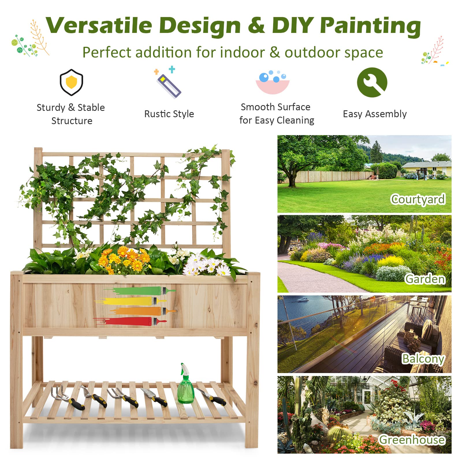 Giantex Wood Planter with Trellis, Standing Raised Garden Bed 