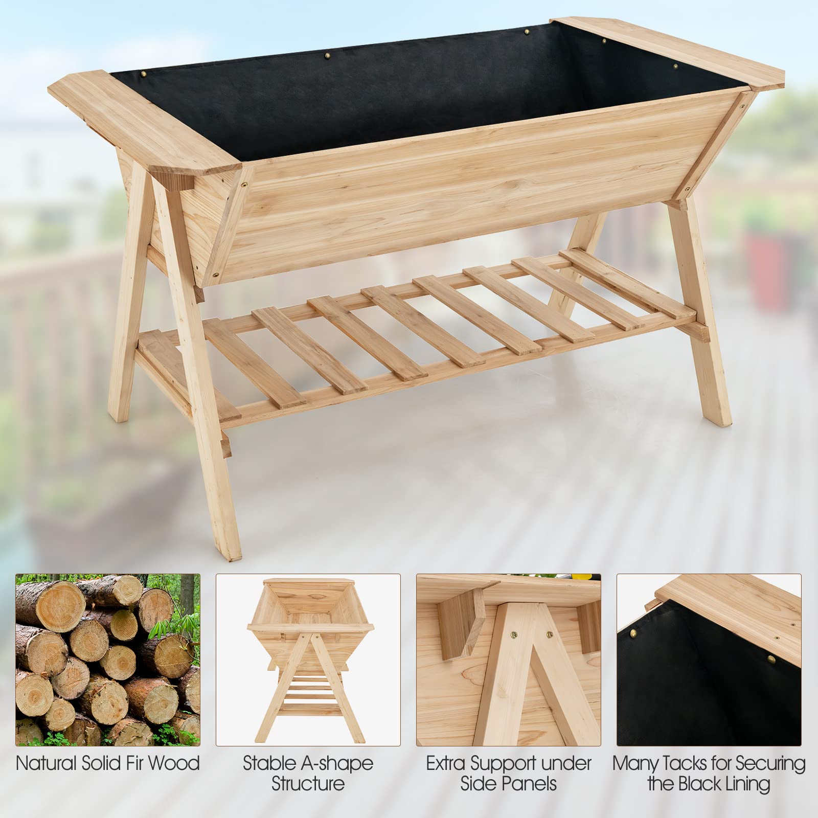 Giantex Plant Raised Bed 2 Tiers Garden Bed, Outdoor Fir Wood Plant Container with Storage Shelf 