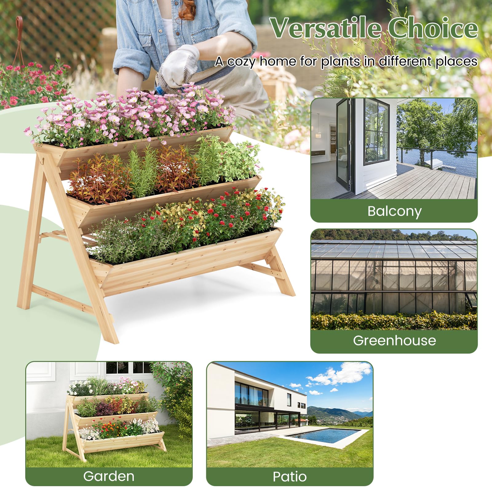 Giantex 3-Tier Raised Garden Bed, Wooden Vertical Planter Box with Storage Shelf 
