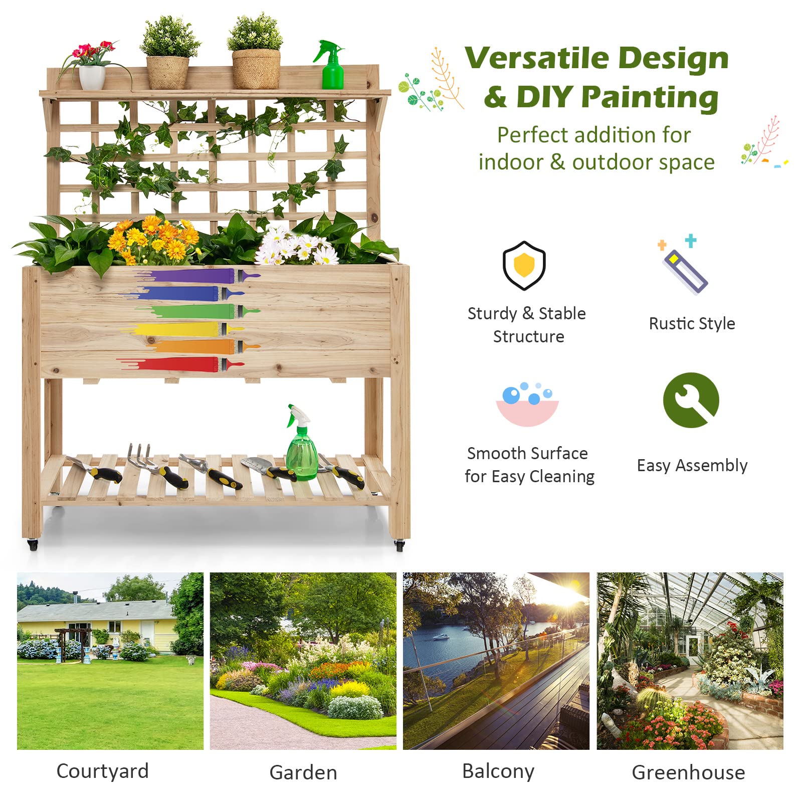 Giantex Raised Garden Bed on Wheels, Wood Planter with Trellis, Black Liner Storage Shelf 